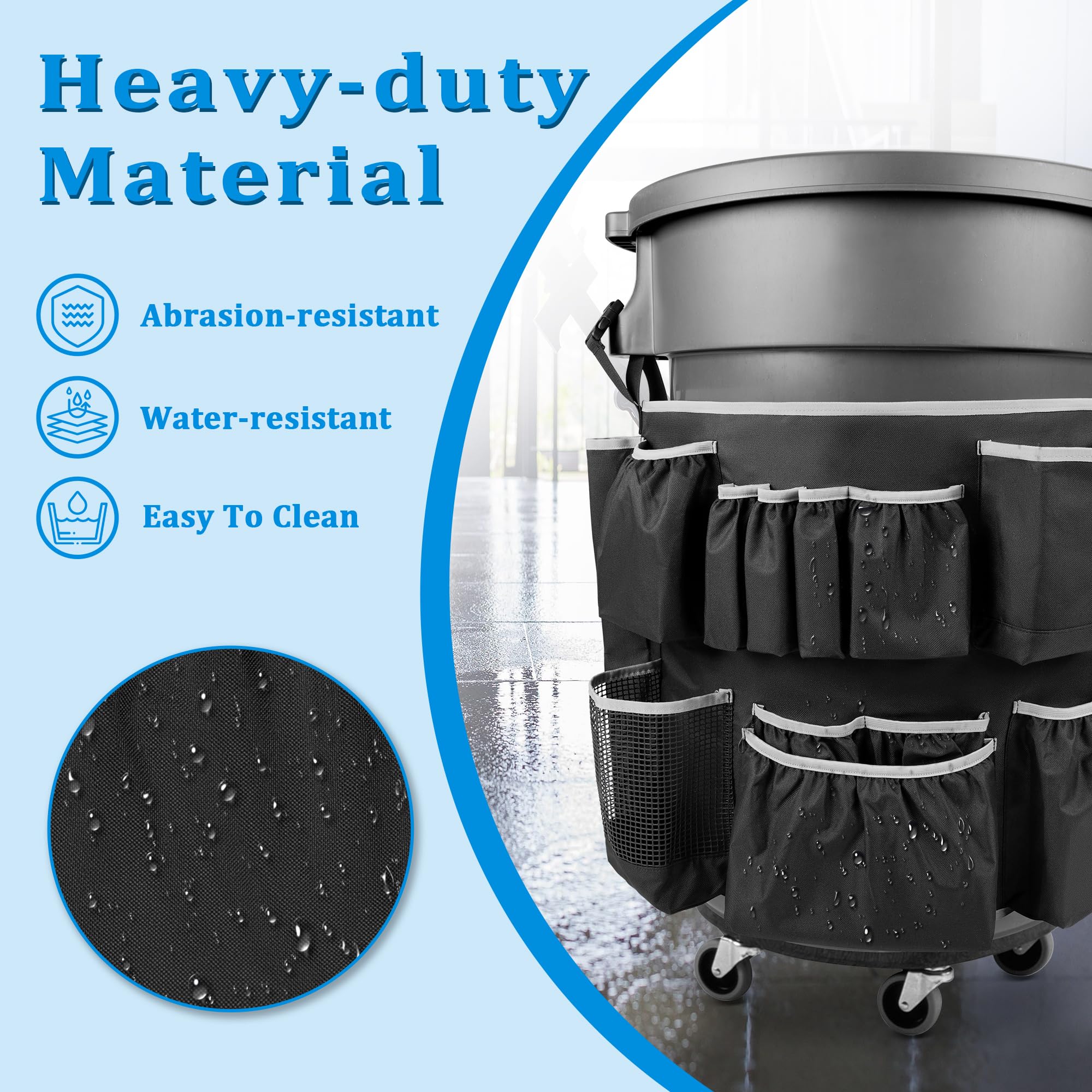 HODRANT Trash Can Caddy Bag Fit 32-55 Gallon Garbage Bin, Cleaning Caddy Bag with Adjustable Buckle for Industrial Trash Can, 13 Pockets Tool Organizer for Cleaning Supplies, Gray Edge