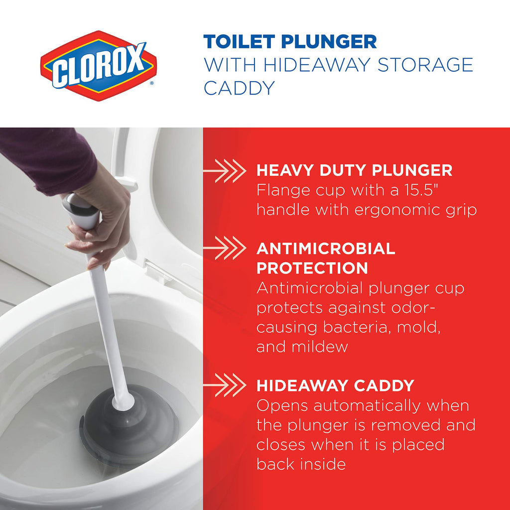 Clorox Toilet Plunger with Hideaway Storage Caddy, White/Gray
