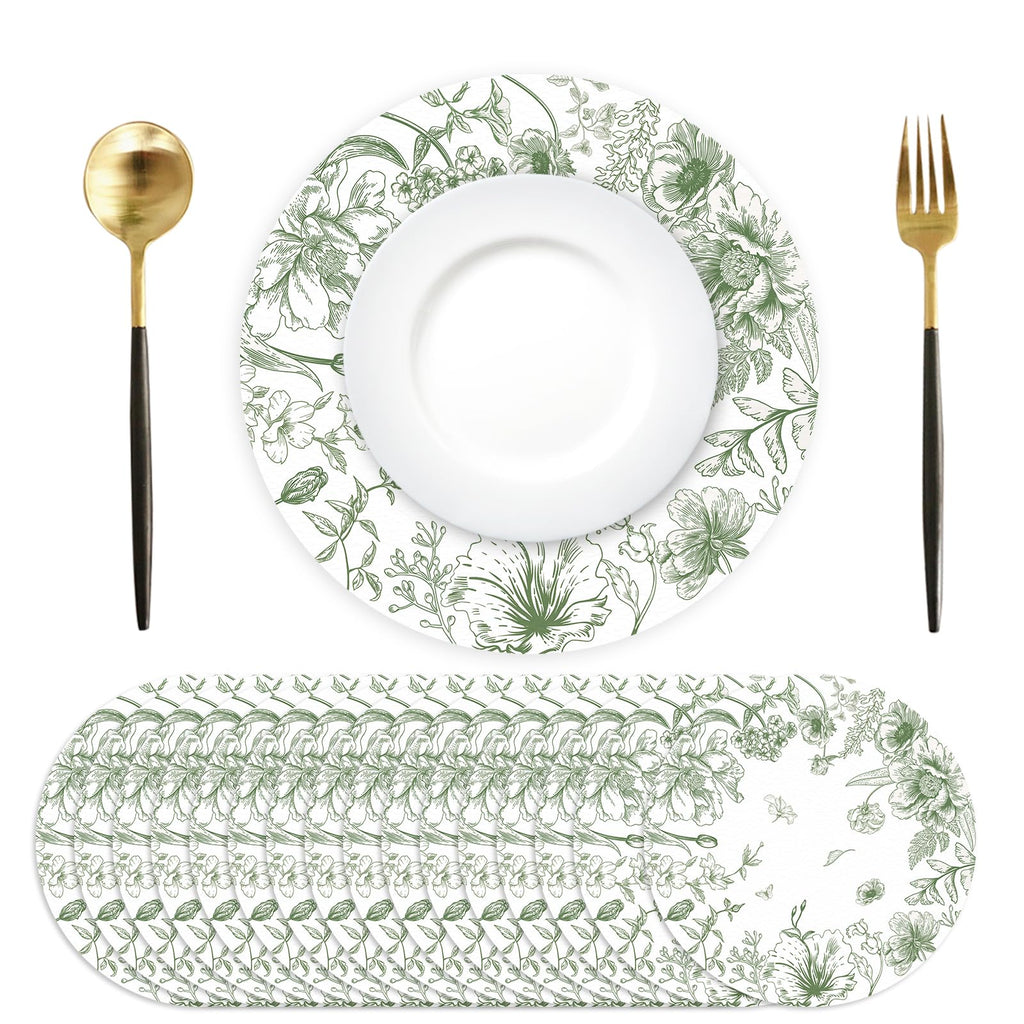 50 Pack Paper Placemats Disposable Green Floral Placemats 13.7 Inch Vintage Sage Green Flower Place Mats Chinoiserie Round Table Mats for Dinner Table Setting Birthday Wedding Party Supplies
