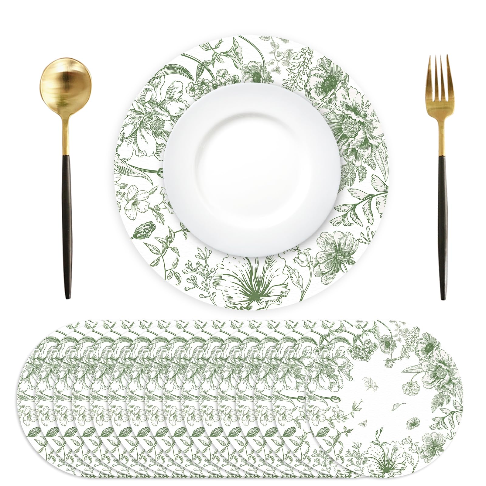 50 Pack Paper Placemats Disposable Green Floral Placemats 13.7 Inch Vintage Sage Green Flower Place Mats Chinoiserie Round Table Mats for Dinner Table Setting Birthday Wedding Party Supplies
