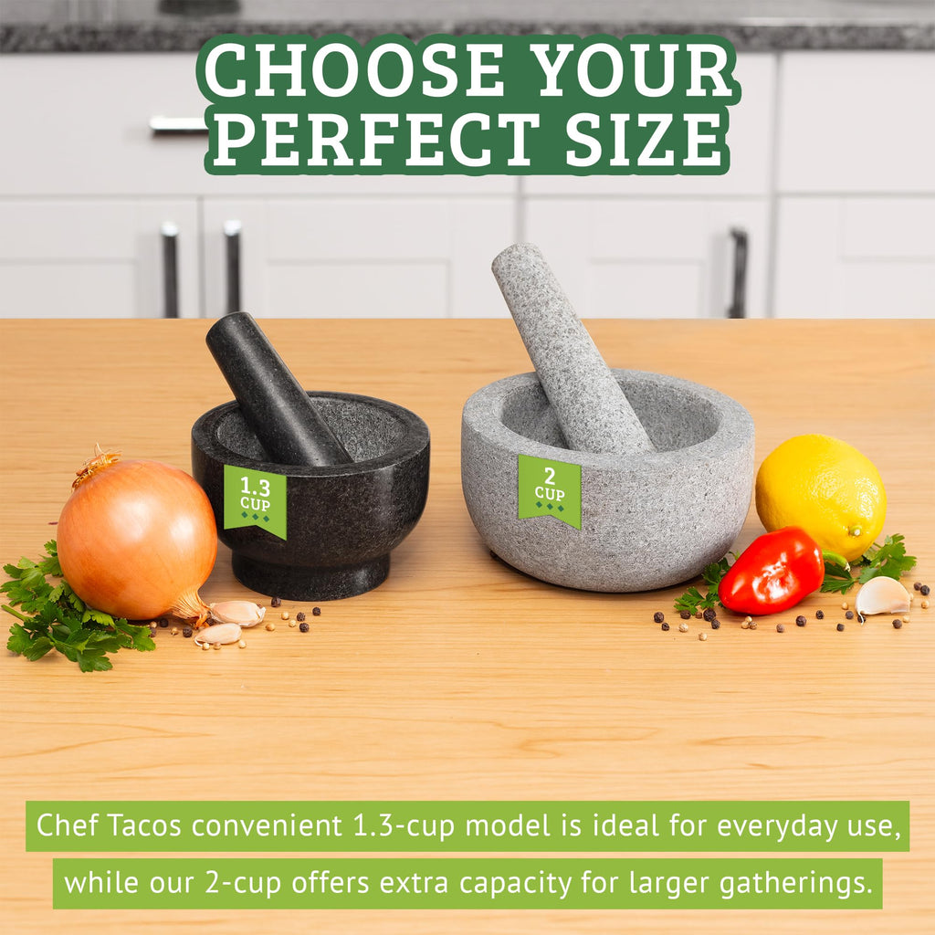 Chef Tacos Mortar and Pestle Set, Granite Kitchen Grinder, 3-Inch 1.3-Cup Capacity | Heavy-Duty Molcajete for Guacamole, Spices, and Herb Grinding (Grey)