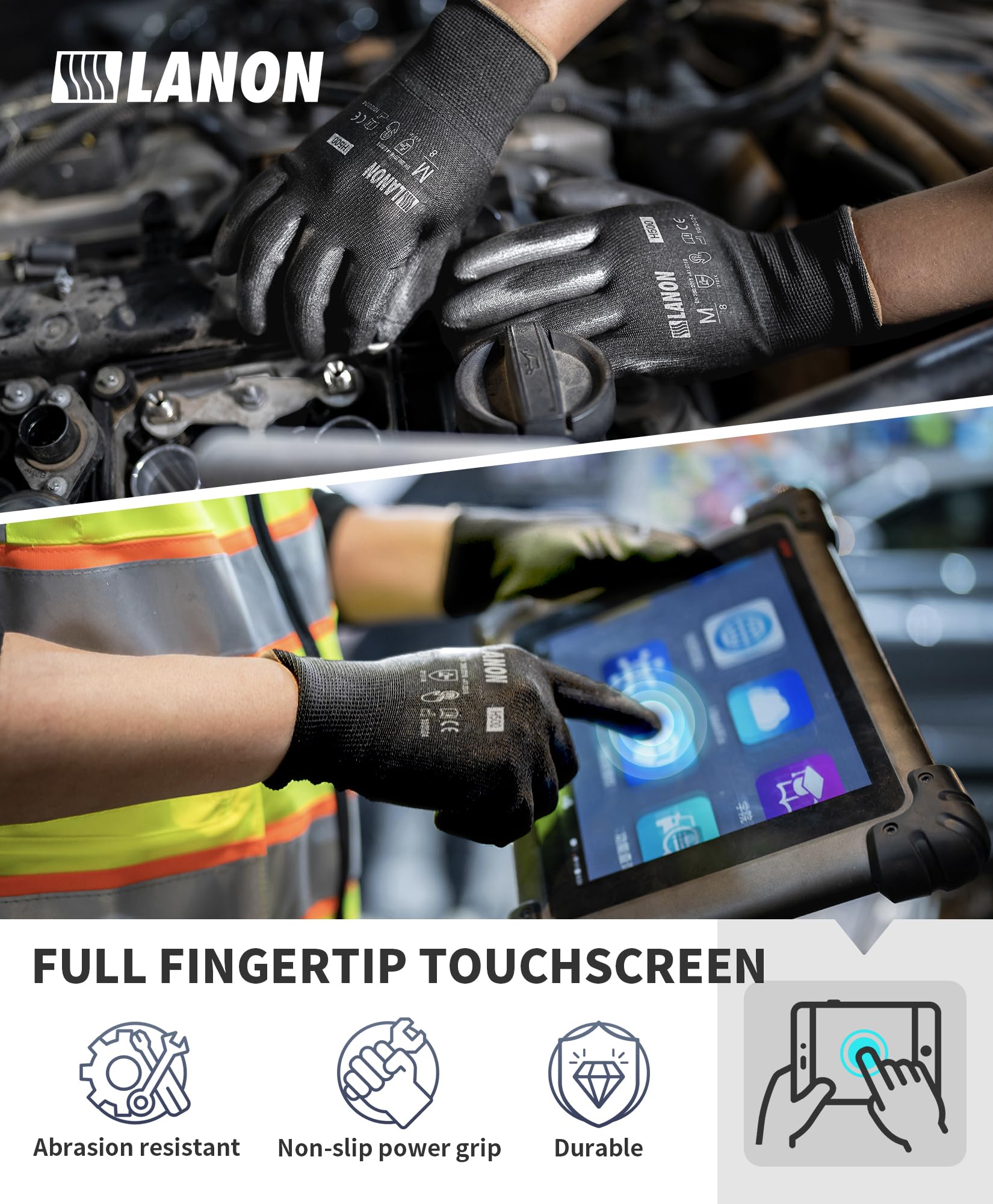 LANON 12 Pairs Safety Work Gloves, Mechanic Working Gloves for Men,Breathable PU Coated, Seamless Knit,Double Wash, Black, Large