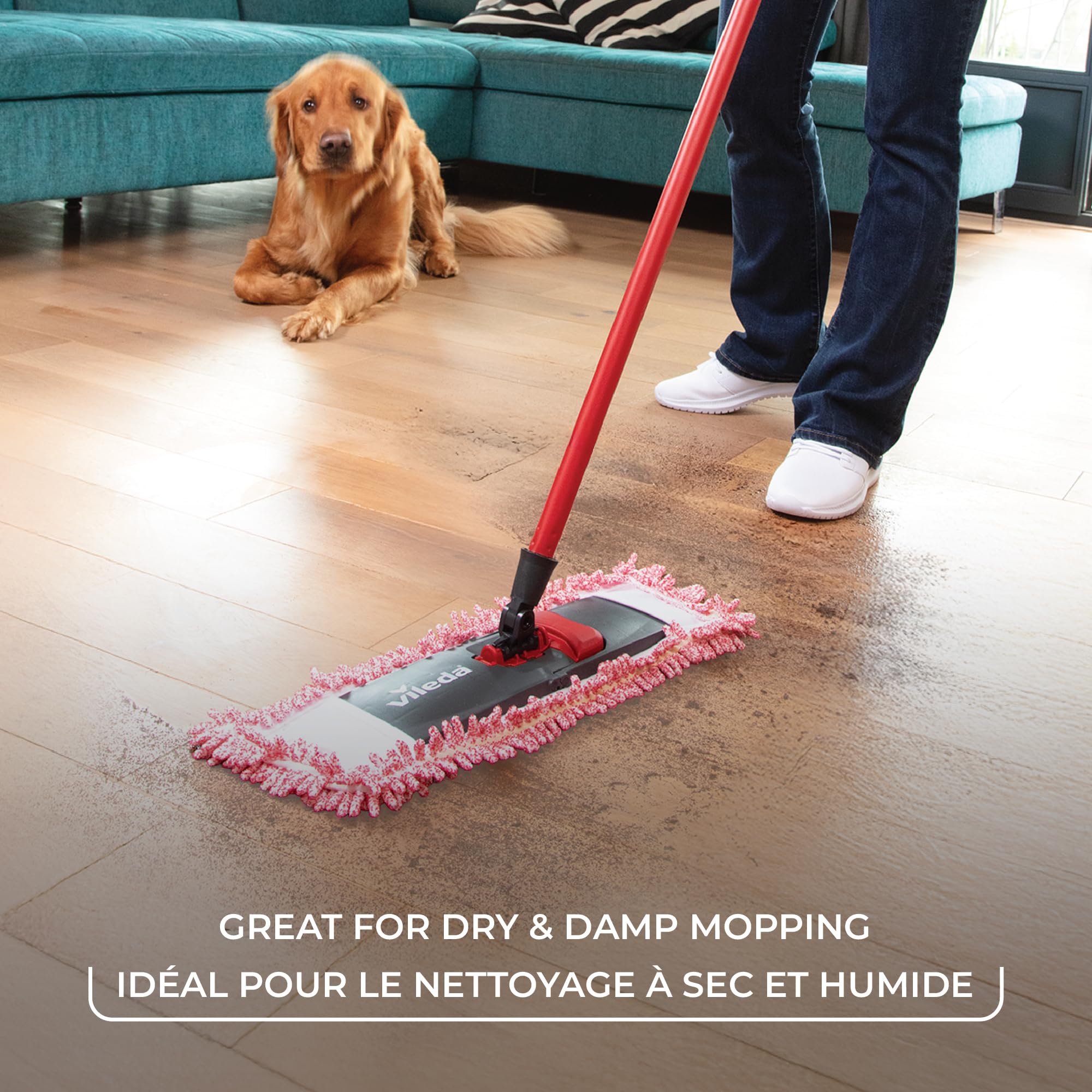 Vileda Pet Pro Microfiber Hair & Dust Mop | Flat dust mop | Three times more pet hair removal | Extra large trapezoid mop head | 100% Microfiber | Multi surface dry usage | Reusable & machine washable