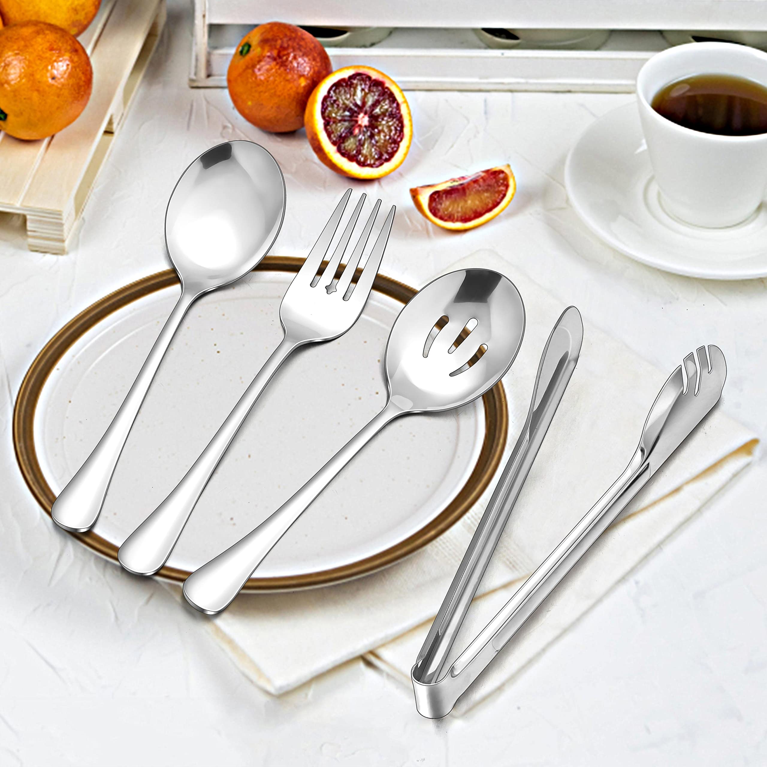Herogo 8-Piece Stainless Steel Serving Utensils Set, 8.7 Inch Spoons, Forks, Tongs for Catering, Dishwasher Safe