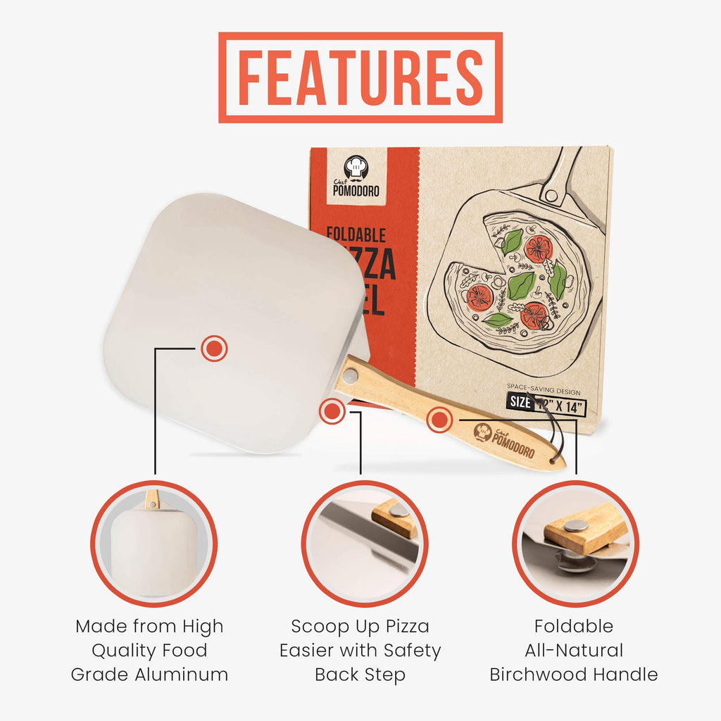 Chef Pomodoro Aluminum Metal Pizza Peel with Foldable Wood Handle for Easy Storage 12-Inch x 14-Inch, Gourmet Luxury Pizza Paddle for Baking Homemade Pizza Bread