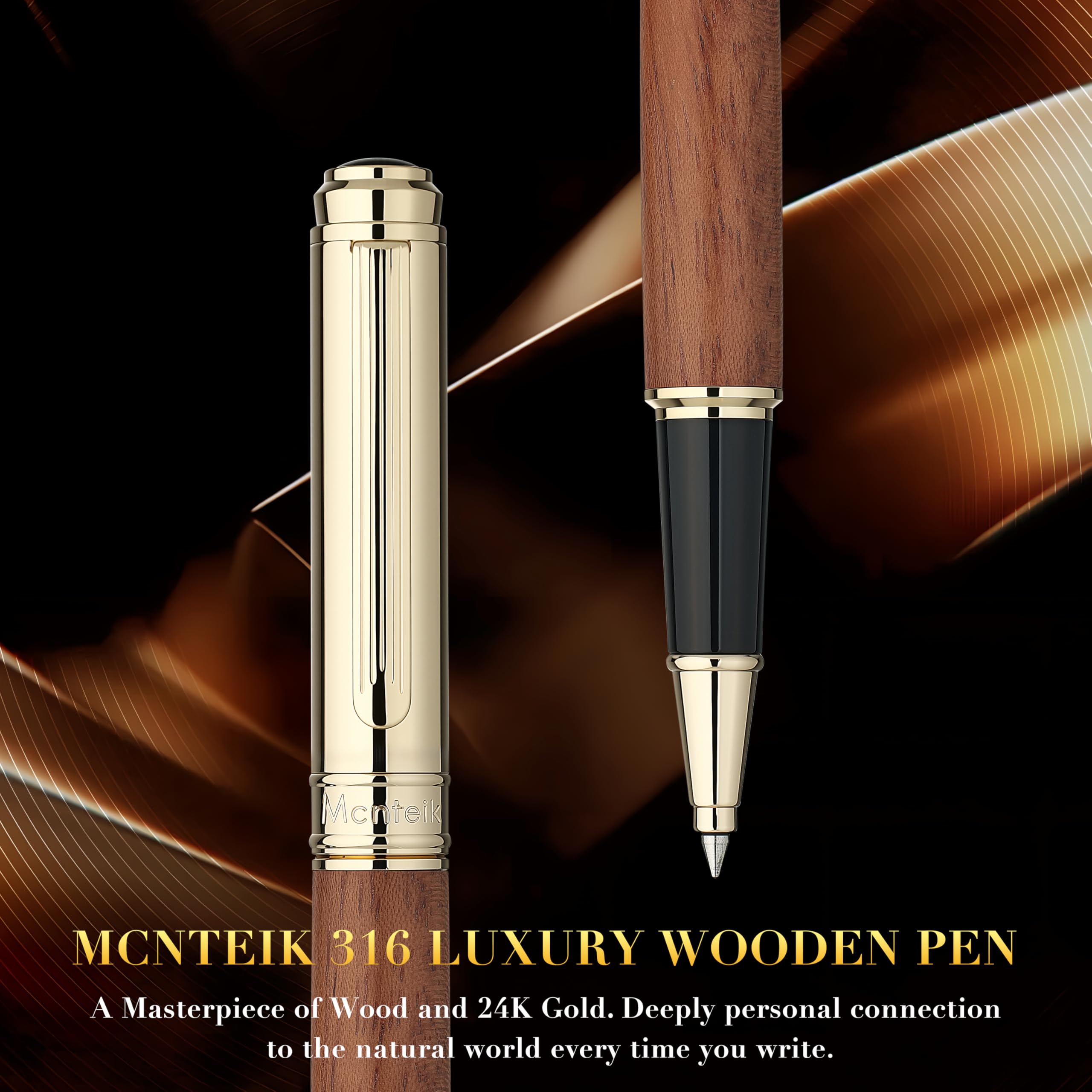 MCNTEIK 316 Luxury Journaling Pen, Nice Natural Wood for Writing, 24K Gold Accents, Schmidt refill, Fancy Rollerball, Gift Set for Men&Women, Executive&Professional Christmas Office, Pens-Rosewood