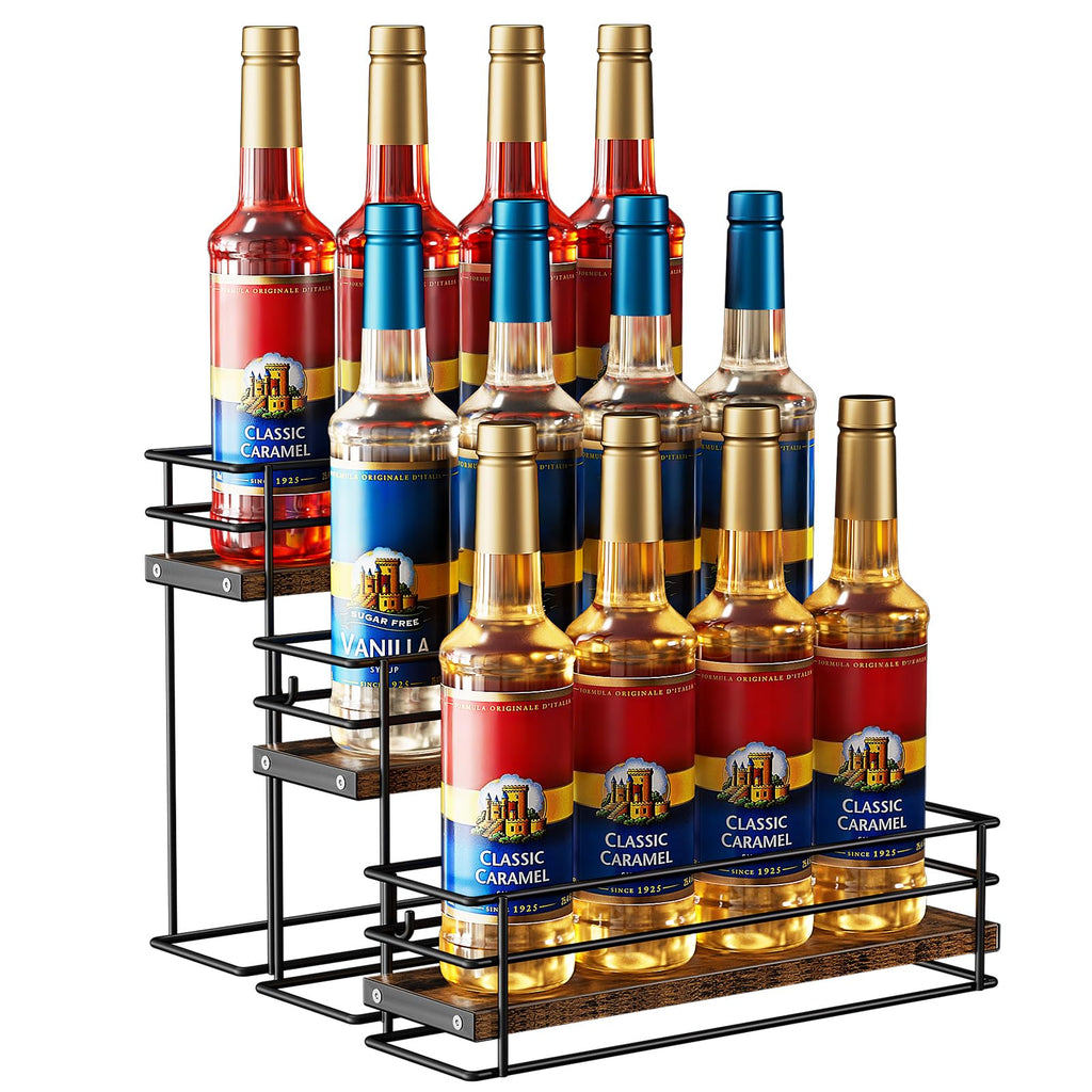 Nuovoware Coffee Syrup Organizer, 3-Tier 12 Bottles Separable Metal Rack with Wooden Base Whiskey Wine Dressing for Countertop Kitchen Bar, Black
