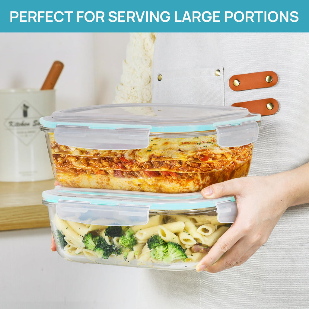 Vtopmart 2Pack 2260ml/ 76.4oz Extra Large Glass Container Food Storage with Lids, Meal Prep Container Set with Snap Airtight Lid for Baking, Microwave, Oven, Leak Proof, for Freezer, Dishwasher, Green