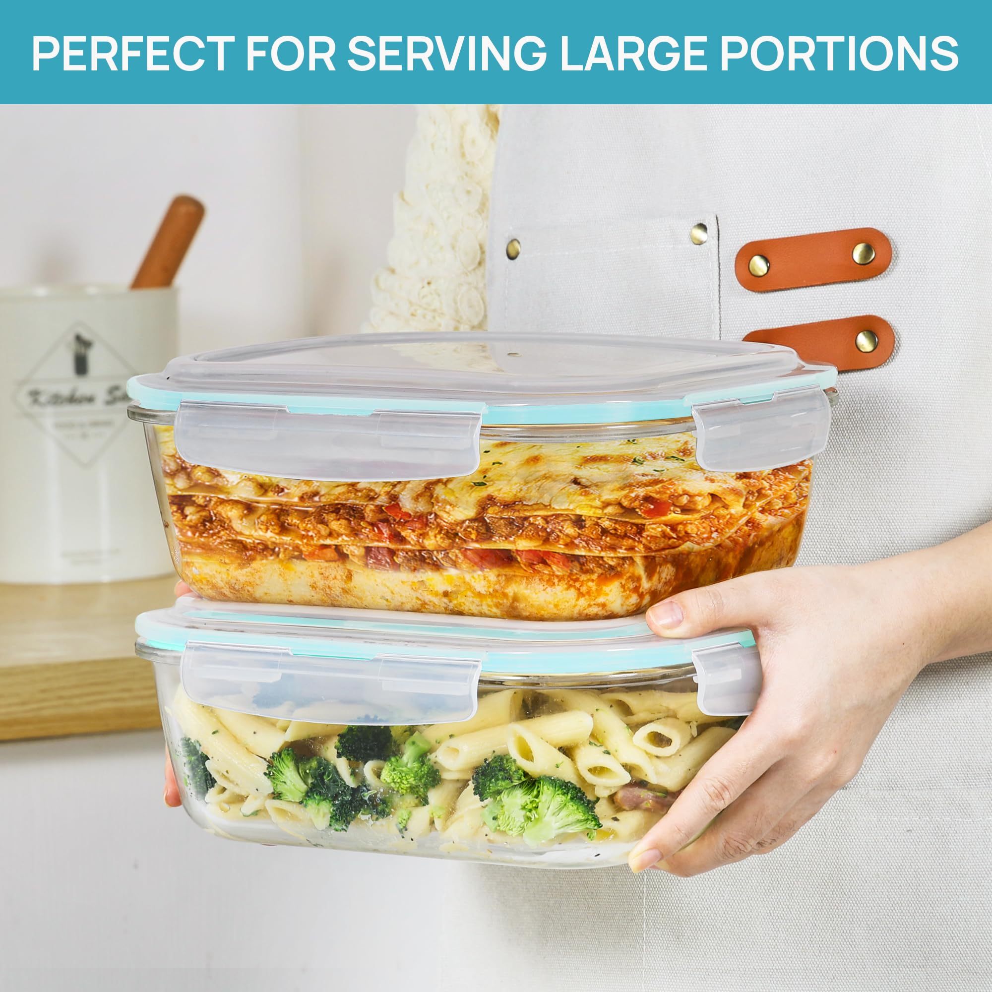 Vtopmart 2Pack 2260ml/ 76.4oz Extra Large Glass Container Food Storage with Lids, Meal Prep Container Set with Snap Airtight Lid for Baking, Microwave, Oven, Leak Proof, for Freezer, Dishwasher, Green