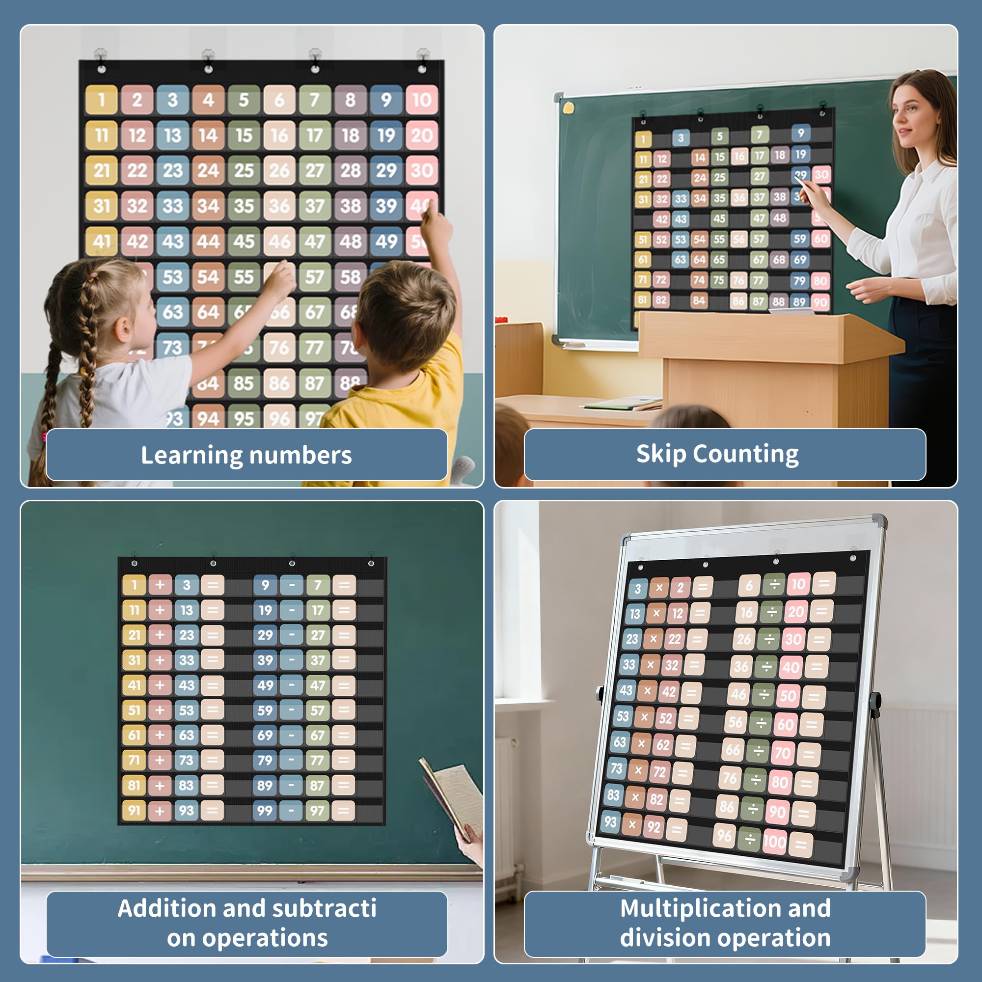 Yoink Boho Hundred Pocket Chart for Classroom, 100 Number Pockets with 120 Double-Sided Counting Cards for Skip Counting Multiplication, Teacher Essentials Supplies for Kindergarten Homeschool (Black)