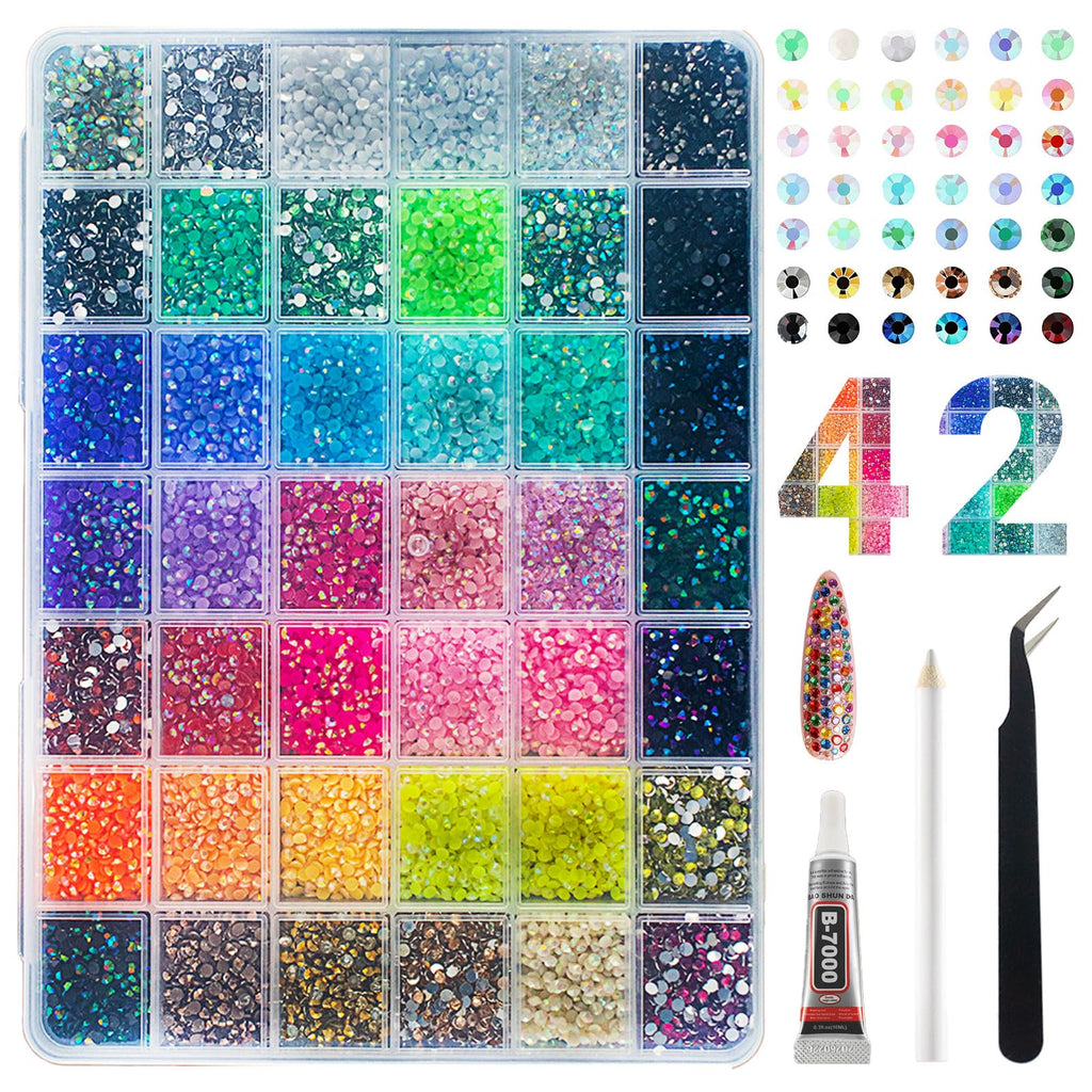 42 Colors Resin Jelly Rhinestones for Bedazzling Kit, 32000 Pcs 3mm Flatback Gems with 3 x B7000 Glue, Tweezers & Pickup Pen, DIY Craft Supplies for Clothing Shoes Nails Tumblers Phone Cases Diamond Art