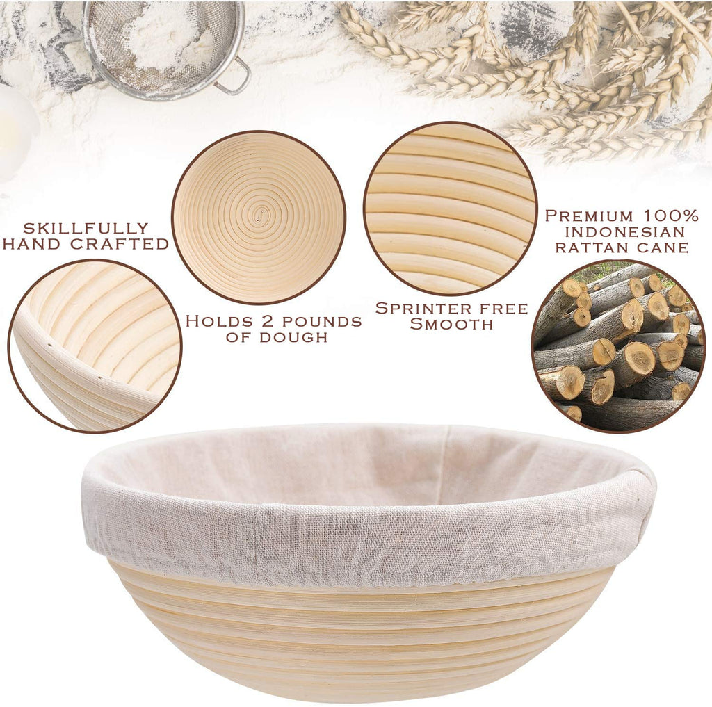 Bread Proofing Basket Set Of 2 Round and Oval, Banneton Proofing Basket + Danish Dough Whisk + Bread Scoring Lame + Stainless Steel Dough Scraper + Flexible Scraper, Sourdough Tools Kit, Baking Gifts