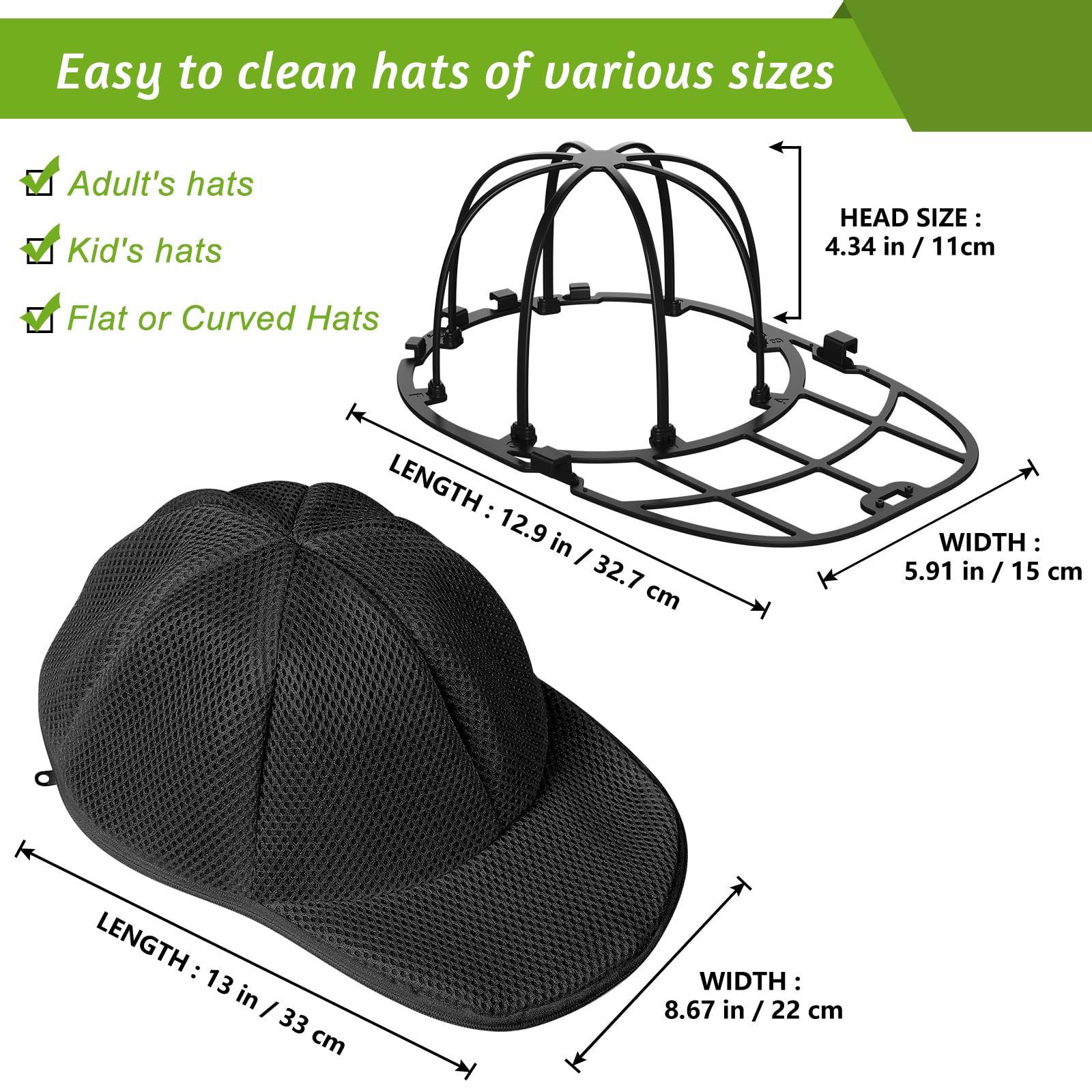 Eiito Hat Washer Cage,Hat Washing Machine with Frame Cage and Hats Washers Bag,Hats Washer for Baseball Caps,Suitable for Adult and Kid'S 2-Pack Black