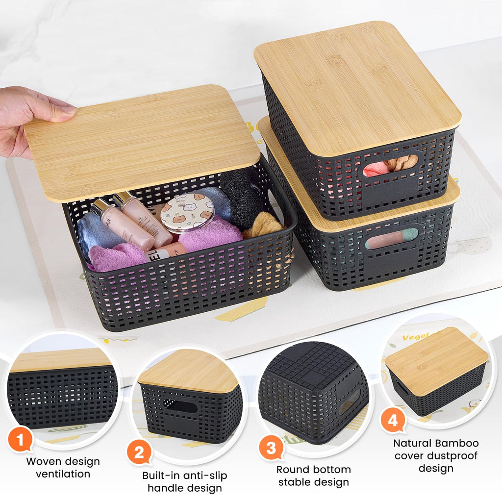 Plastic Storage Baskets With Bamboo Lid - Plastic Storage Containers Stackable Storage bins: Storage Baskets for Organizing Shelves Drawers Desktop Closet Playroom Classroom Office, 6 Pack