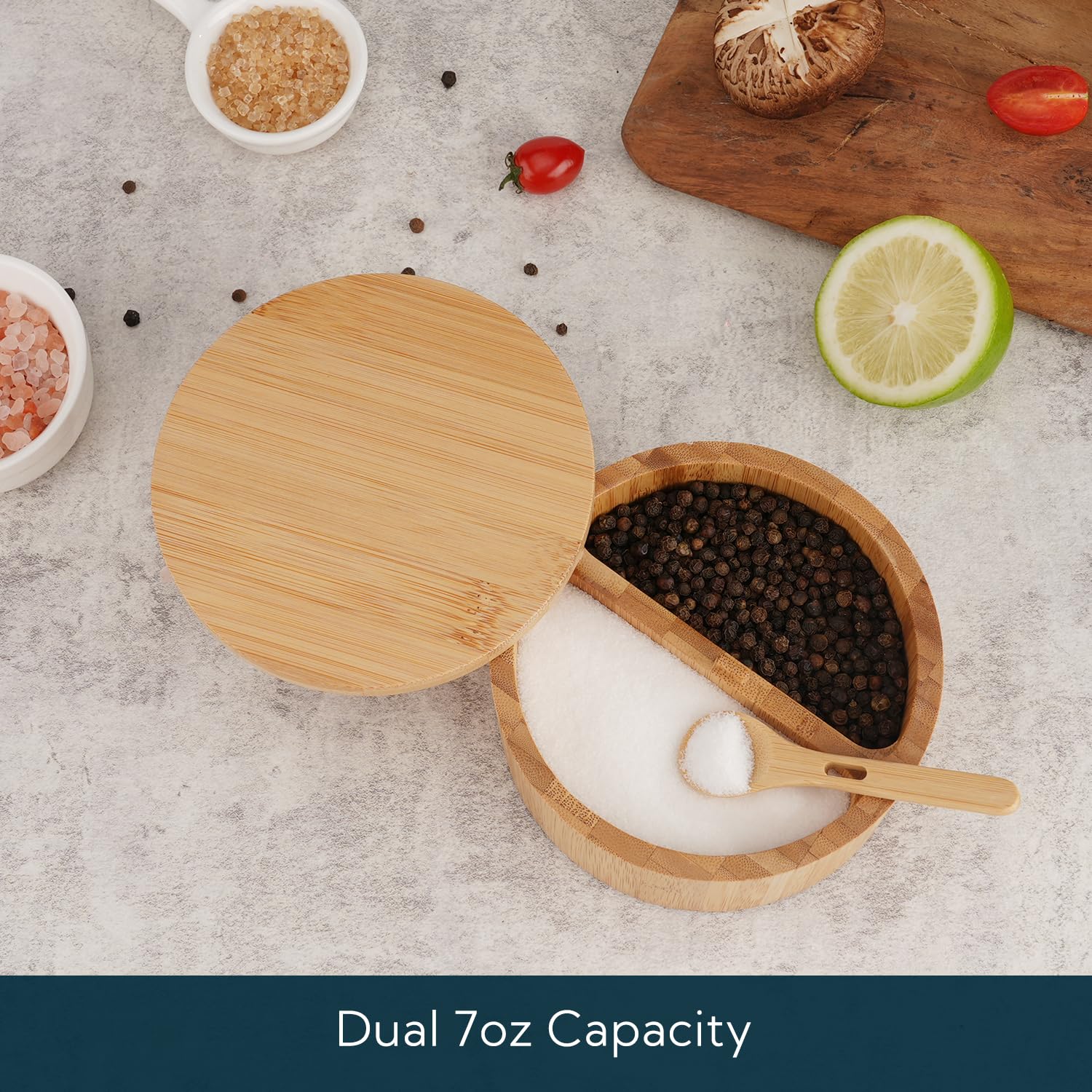 KITCHENDAO Salt and Pepper Box - Dual 7oz Containers, Built-in Serving Spoon to Avoid Dust, Swivel Lid to Keep Dry, Sea Salt Spice Seasoning Keeper Holder,4.96"L x 2.56"H"