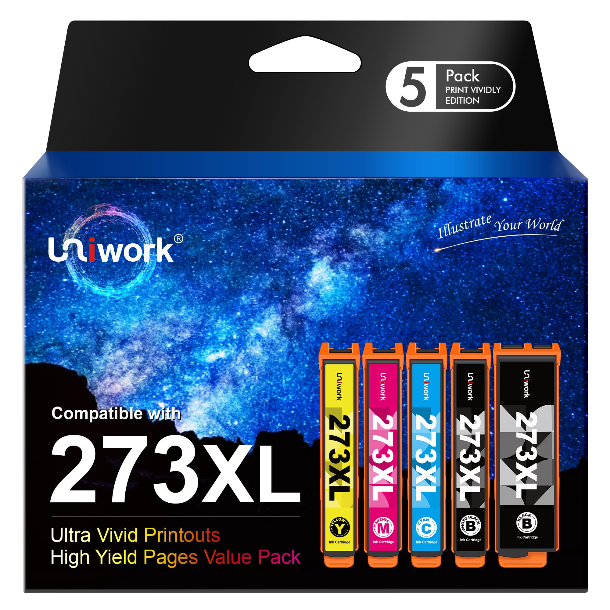 Uniwork 273XL Ink Cartridge Remanufactured for Epson 273 XL 273XL use for Expression XP-520 X-P820 XP-620 XP-610 XP-800 XP-810 Printer Tray, 5-Pack (Black, Photo Black, Cyan, Magenta, Yellow)