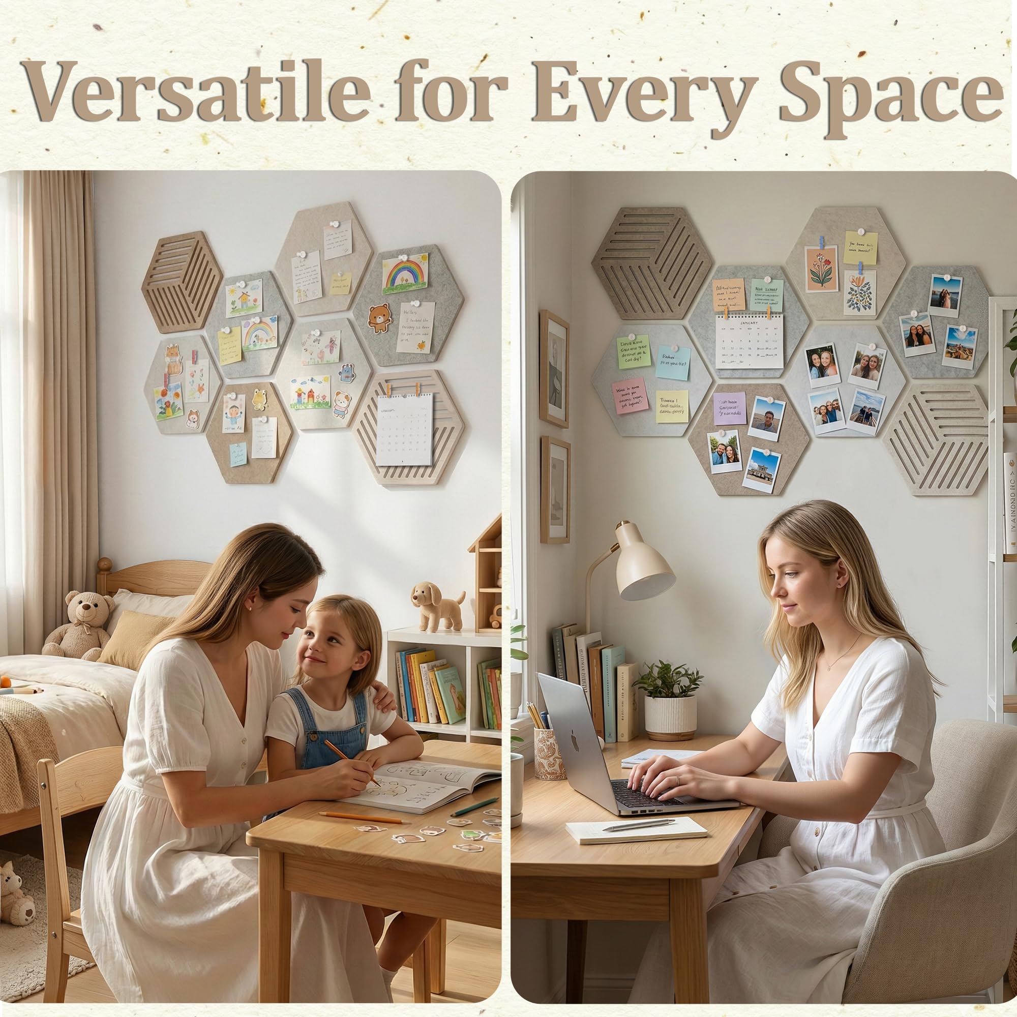 Hexagon Large Felt Bulletin Board Tiles - Cork Board Alternative for Wall 8 Pack Pin Board with 40 Push Pins, DIY Decor for Office Home Classroom Photos Memos