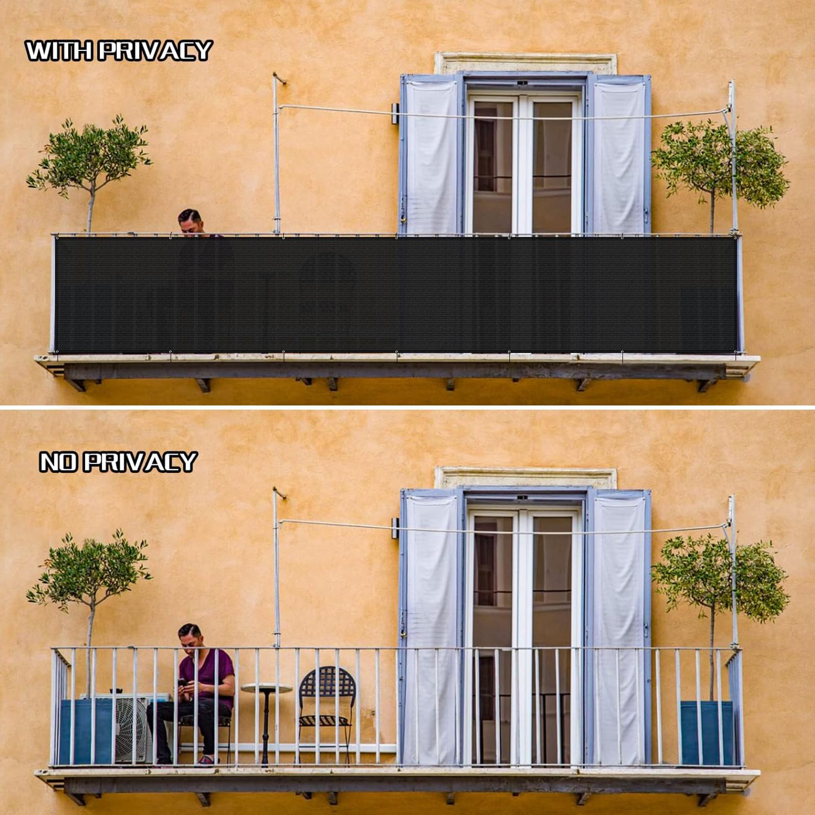 SUNLAX 3'x10' Black Balcony Privacy Screen Fence Windscreen Cover Fabric Shade Mesh Cloth with Grommets UV Protection for Patio, Backyard, Porch, Railing Shield 90%