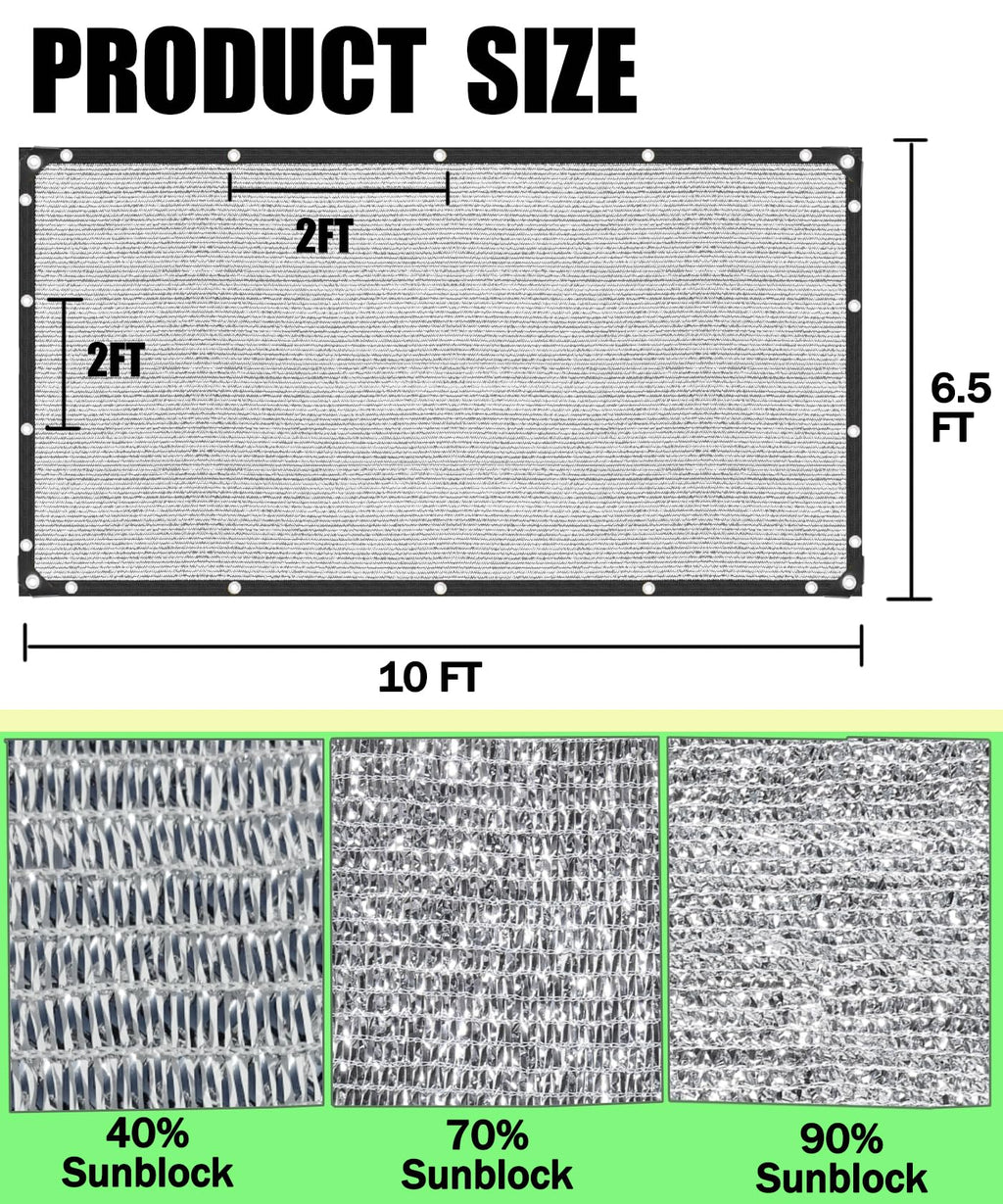 70% Aluminum Shade Cloth 6.5 FT x 10 FT, Durable Mesh Silver Tarps with Grommets and Ball Bungee,Reflective Sun Shade Net Cover for Pet Shade, Car Cover, Patio Garden, Pergola, Plants Growing, Pools