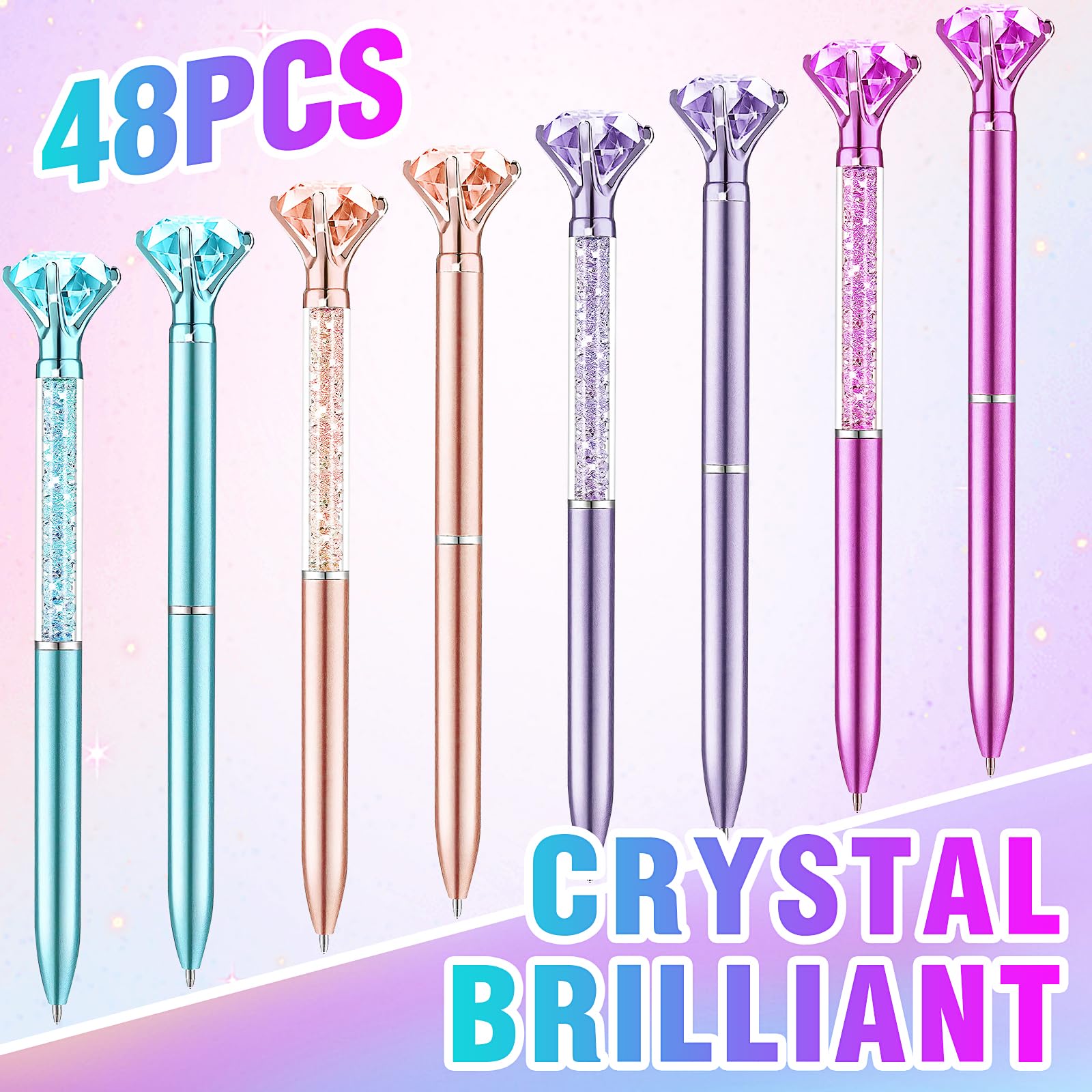 48 Pcs Diamond Pens, 0.7mm Black Ink Pens Bulk, Retractable Ballpoint Pen, Bling Crystal Pens for Engagement Wedding Signing Pen, Bridal Shower Gifts, Birthday Party Favors (2 Styles, 4 Colors)