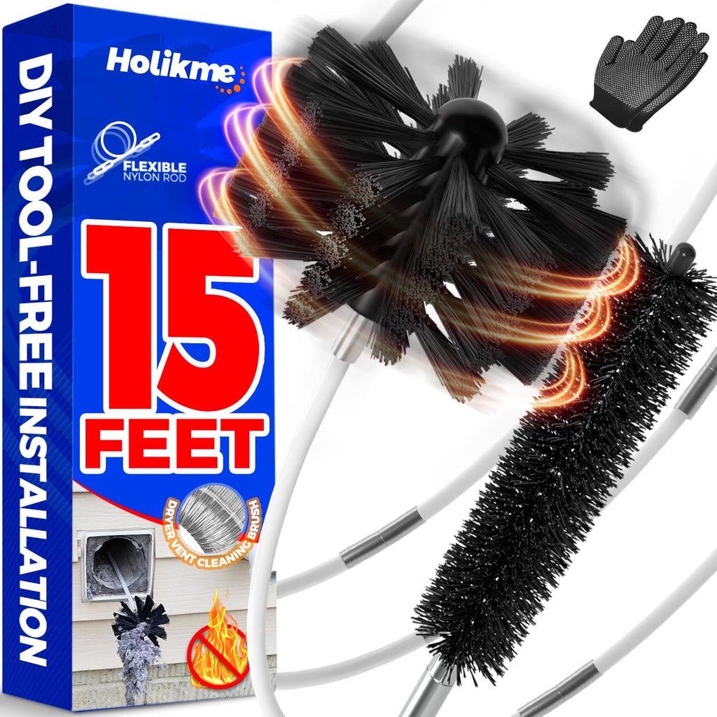 Holikme 15 Feet Dryer Vent Cleaning Brush, Lint Remover, Extends Up to 15 Feet, Synthetic Brush Head, Use with or Without a Power Drill