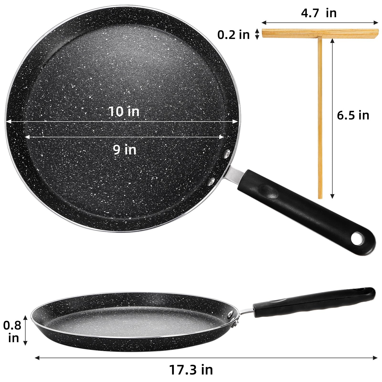 WRINGKIT 10 Inch Nonstick Crepe Pan with Spreader, Flat Skillet Tortilla Pan with Granite Coating, Round Griddle Pancake Pan with Stay-Cool Handle, Induction Compatible, PFOA Free