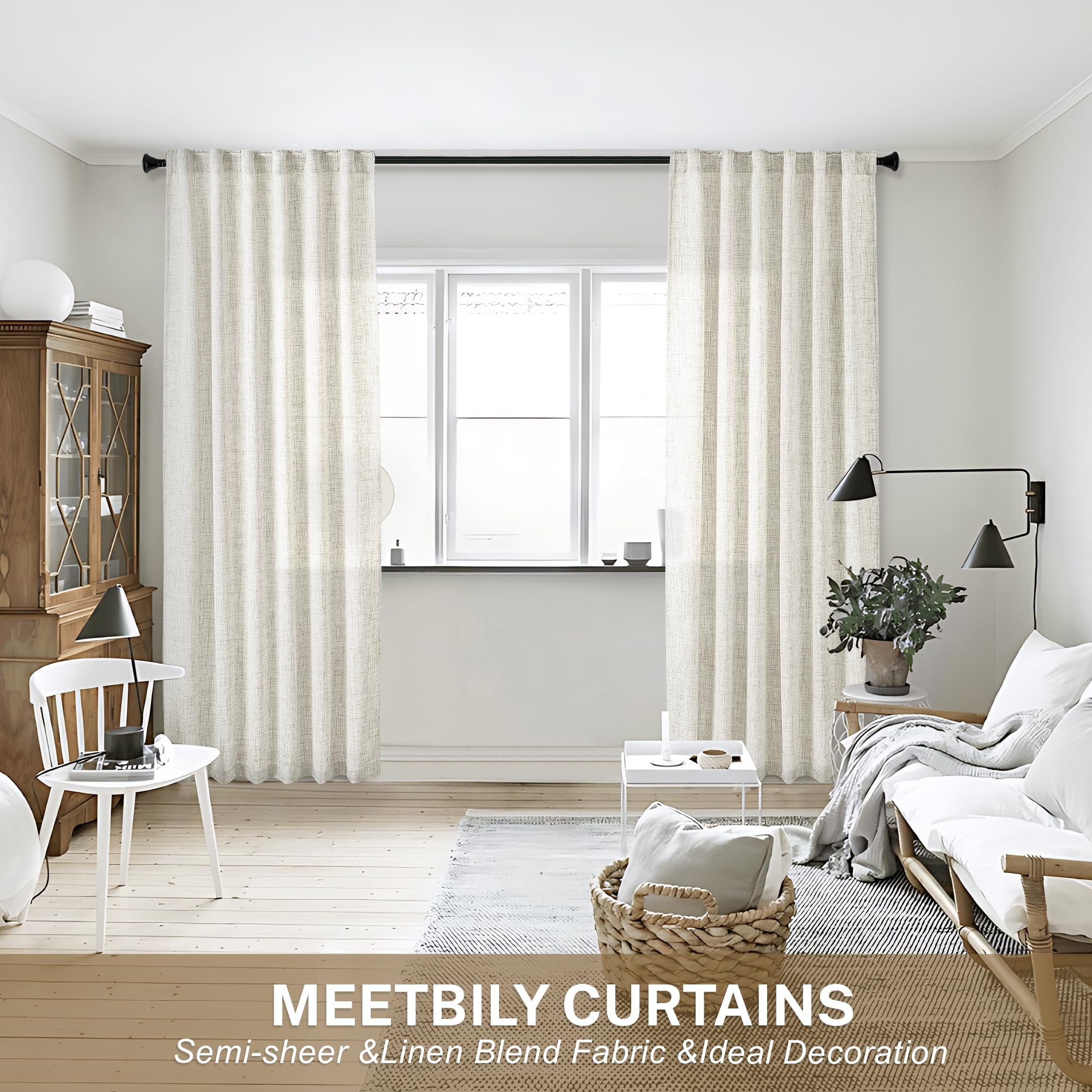 MEETBILY Curtains Panels for Back Tab Semi Sheer, Linen Textured Drapes Rod Pocket, Flax Curtains for Farmhouse/Bedroom/Living Room/Window (2-Pack, 50 x 90 inch, Natural)