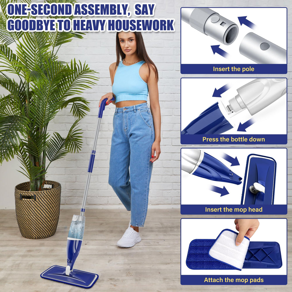 Spray Floor Mops with 3 Reusable Washable Pads for Cleaning Floors - EXEGO Microfibre Floor Mop with Spray Wet Dry Mops Household Flat Mop for Cleaning Laminate Tile Wood Hardwood Ceramic Vinyl
