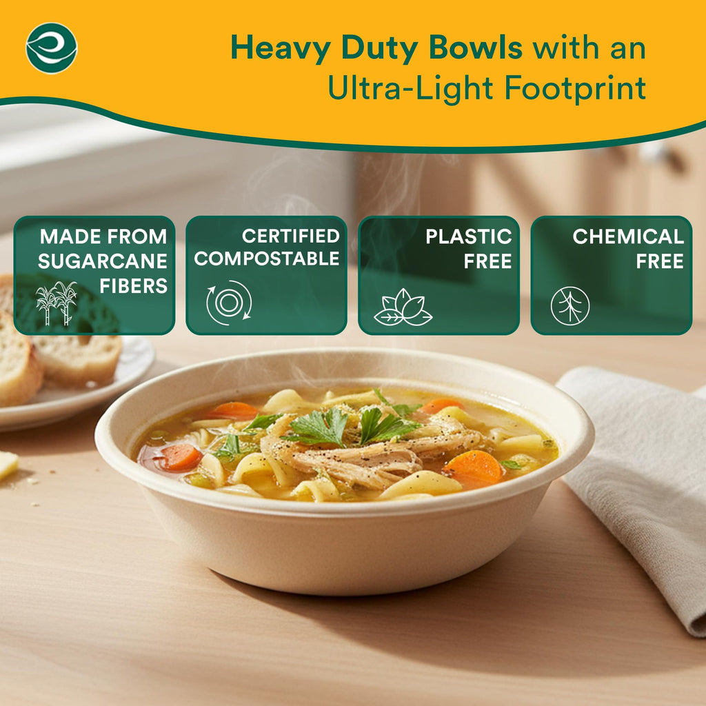 Eco Soul 24 Oz Compostable Disposable Paper Bowls [100 Pack] Food Safe Leak-Free 100% Virgin Bagasse Biodegradable Heavy Duty Ramen Soup Bowl for Hot & Cold Food Microwave Safe [Small, Round, Brown]
