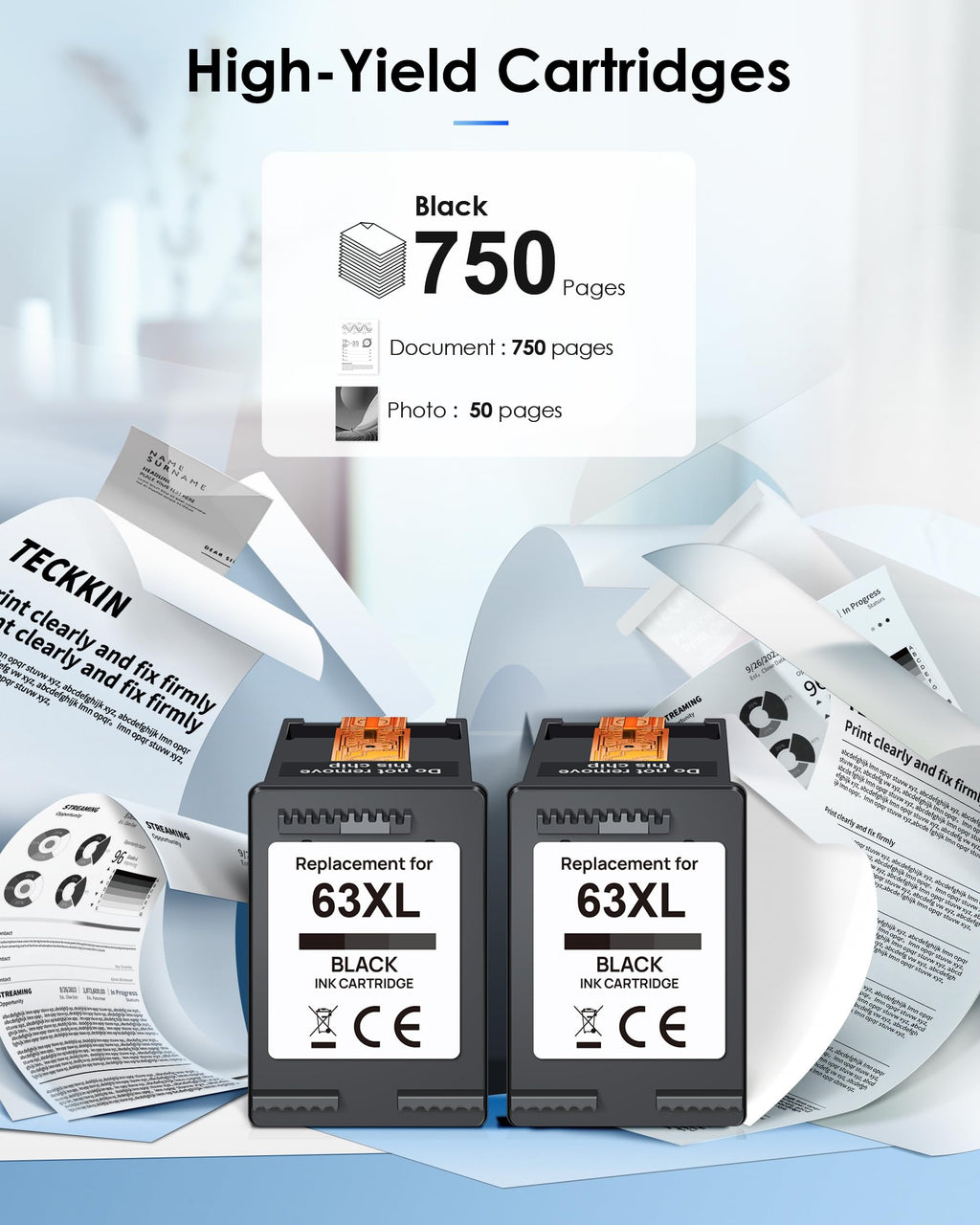 63XL Black High-Yield Ink Cartridge for HP 63 Black Ink Cartridge Replacement for HP Ink 63 Works with HP OfficeJet 3830 4650 5255 5258 Envy 4520 4512 DeskJet 1112 2130 3630 F6U64AN (2 Black Pack)