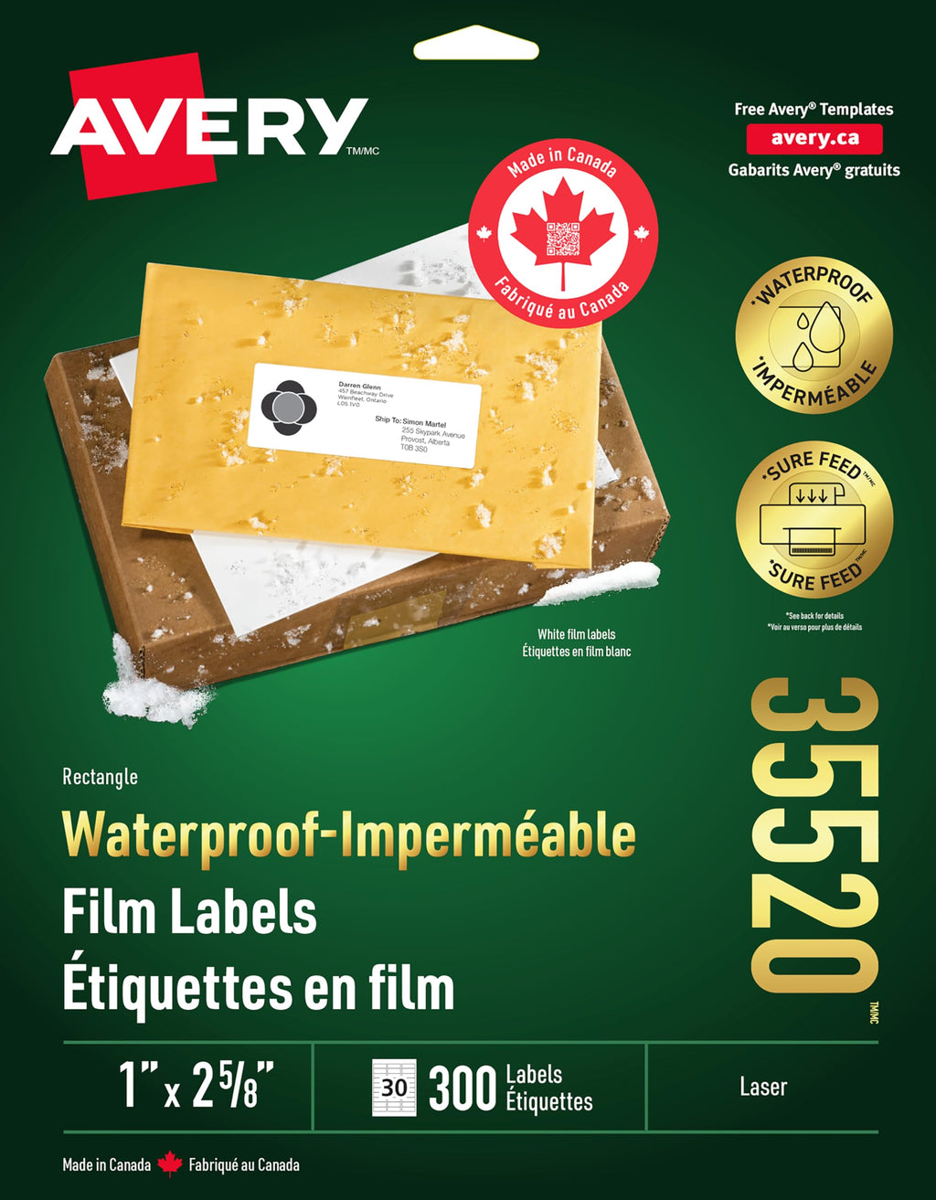 Avery Waterproof White TrueBlock Film Labels with SureFeed Technology, 1" x 2-5/8", Rectangle, Permanent Adhesive, for Laser Printers, 300 UV/Chemical/Tear Resistant Labels, (35520), Made in Canada