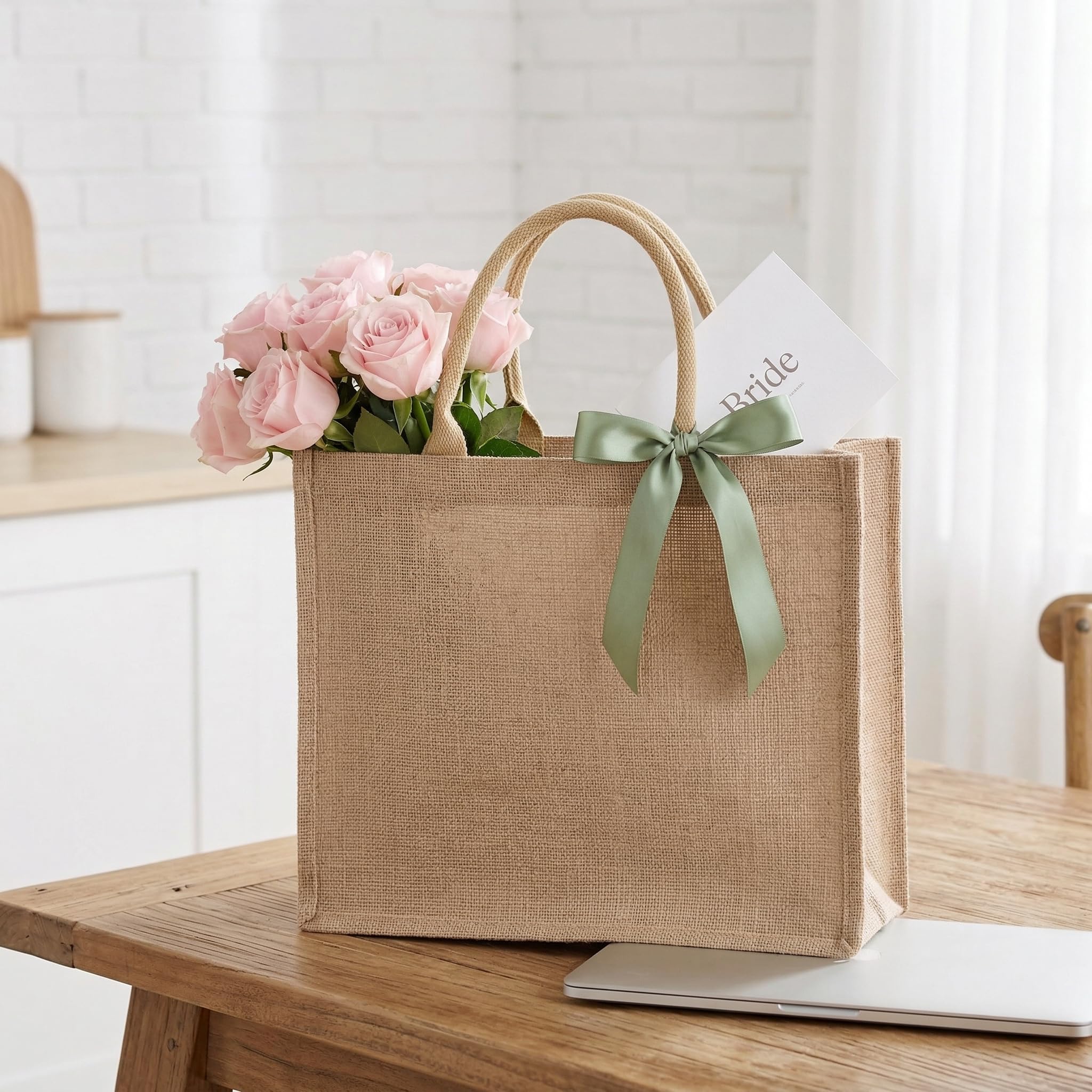 DEAYOU 6 Pack Large Jute Burlap Tote Bag, Jute Beach Bag with Laminated Interior, Burlap Gift Tote with Handle, Reusable Lined Market Grocery Shopping Bag for DIY, Wedding,15.4''x12.2''x5.9''