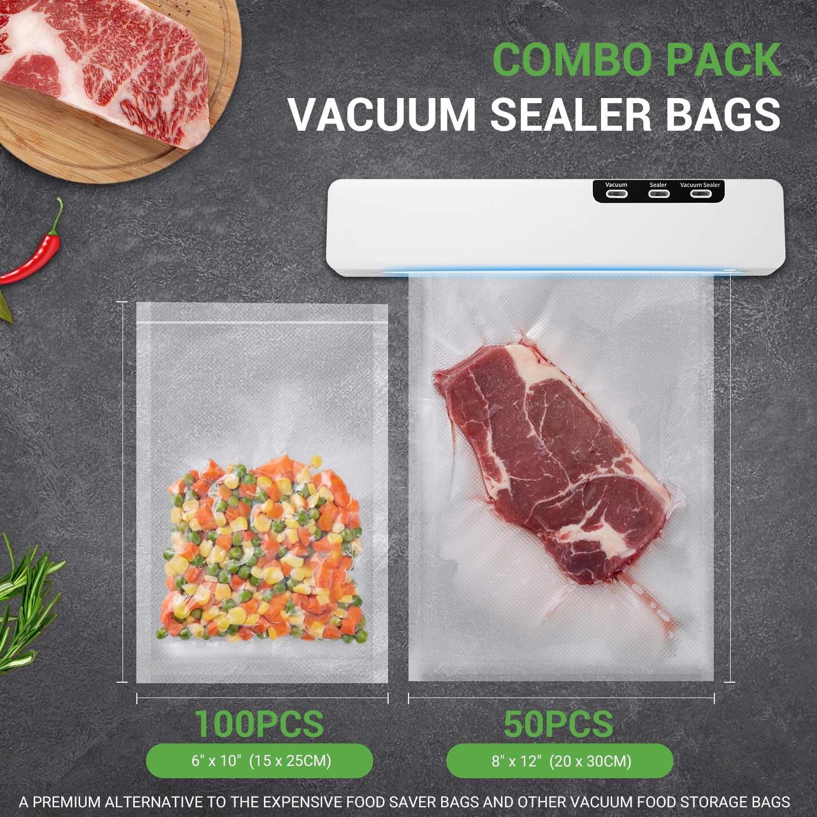 Vacuum Sealer Bags 100 Size Pint 6" x 10" and 50 Quart size 8" x 12" for Food Saver Vacuum Sealer Bags Commercial Grade Food Saver bags- BPA-Free -Heavy Duty-VTUUU