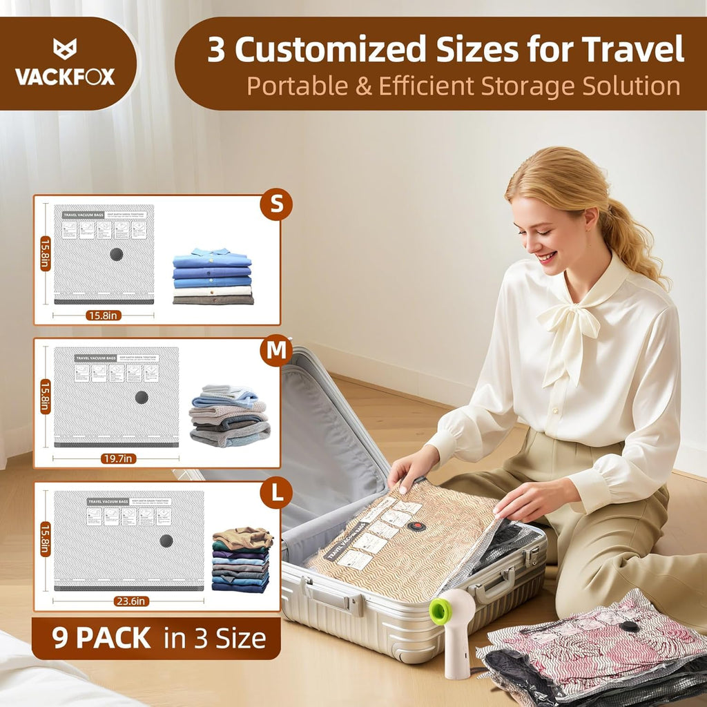 VACKFOX Travel Vacuum Storage Bags with Rechargeable USB Pump, 9 Pack Carry-On Size Compression Packing Bags for Luggage and Suitcase, Space Saver for Clothes and Clothing Travel