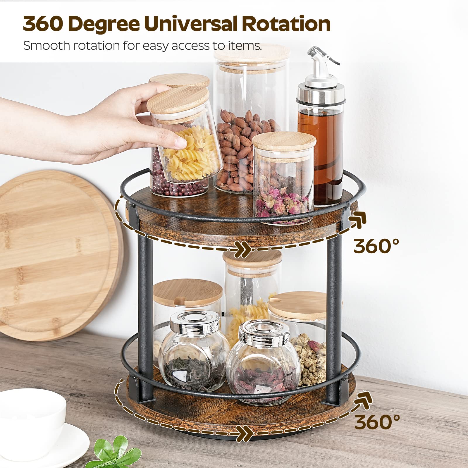 YATINEY Spice Rack, Rotating Spice Organizer for Cupboard, 2 Tier Lazy Susan Turntable, Industrial Countertop Organizer, for Kitchen and Cabinet, Compact and Versatile, Rustic Brown and Black SR22BR