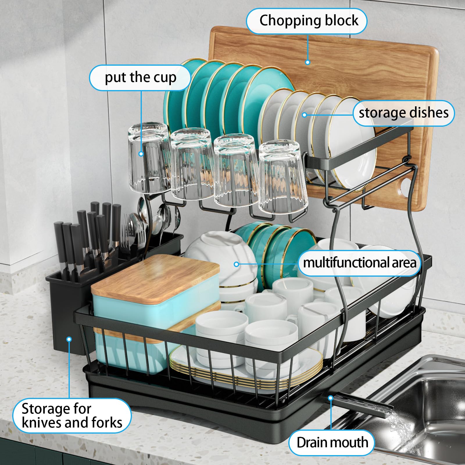 7 code Large Dish Drying Rack for Kitchen Counter,Detachable Large Capacity Dish Drainer Organizer with Utensil Holder,2-Tier Dish Drying Rack with Drain Board,Black