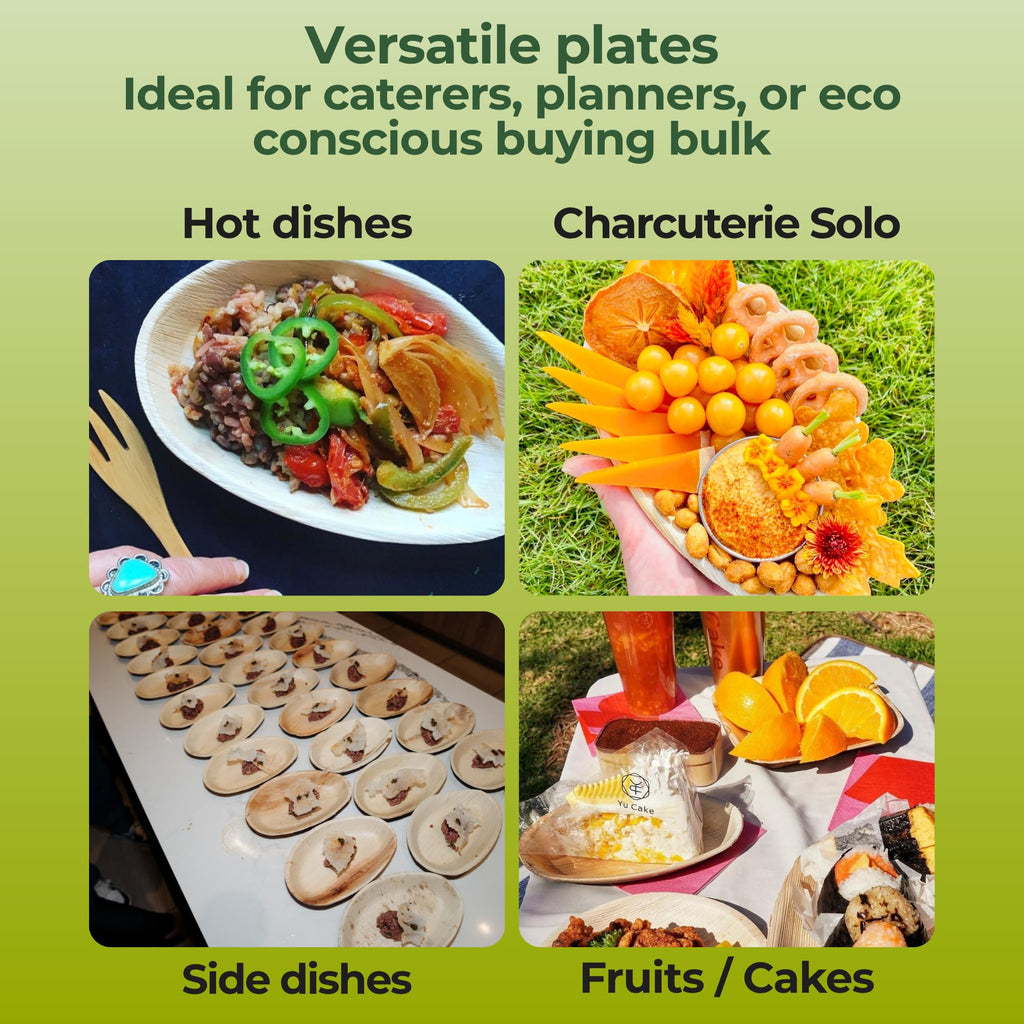 Dtocs Palm Leaf Disposable Plates 7x5 Inch Oval (50) | Wooden, Bamboo Plates Look | Dinnerware Set for Appetizer, Dinner, Mini Charcuterie Boards | Disposable Alt to Plastic, Wood, Paper Plates