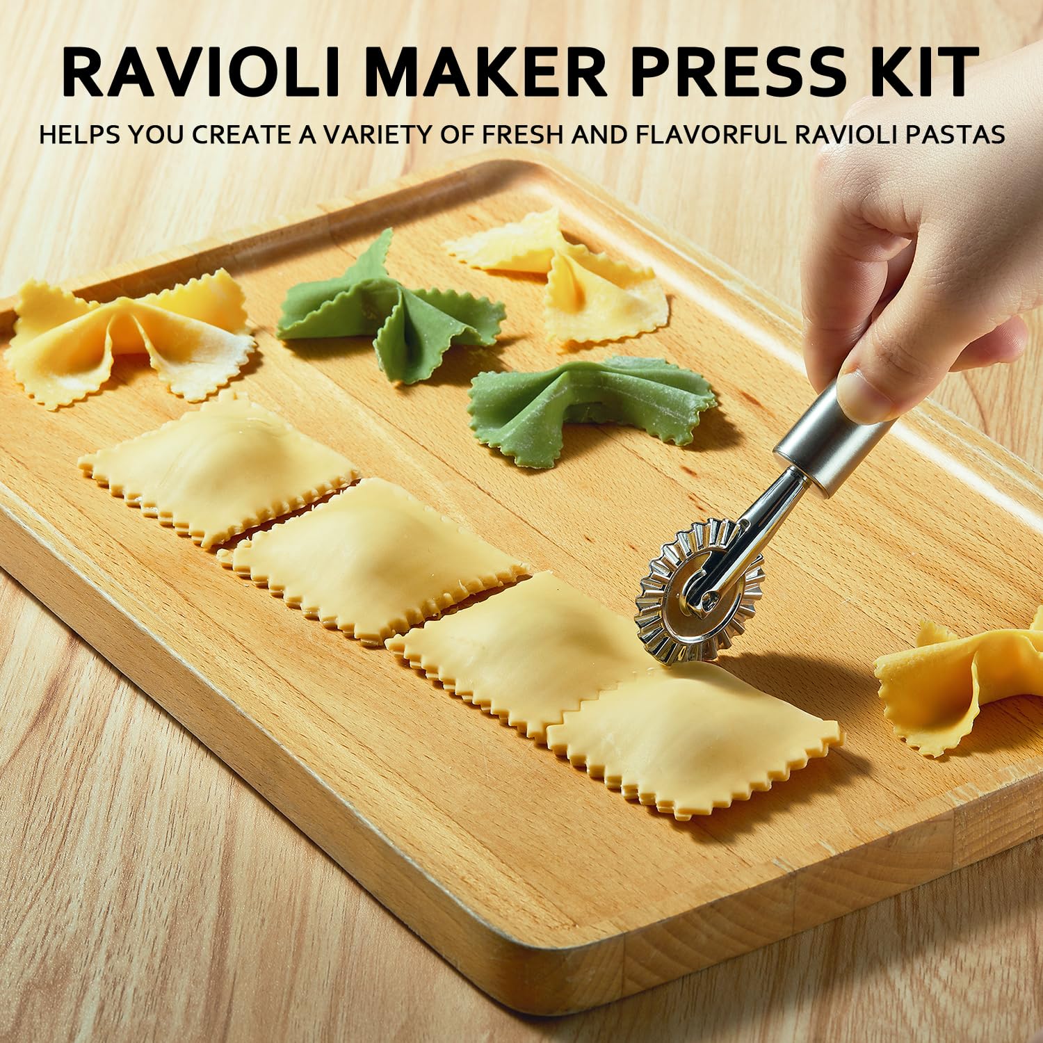 MUMSUNG 6pcs Ravioli Cutter Set, 8 Holes Press Ravioli Maker with Wooden Rolling Pin, Pasta Wheel Cutter and Small Dumpling Maker