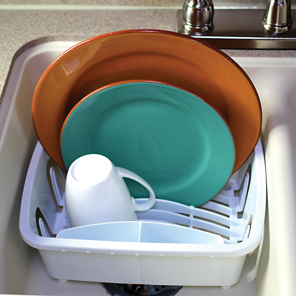 Camco RV Mini Dish Drainer & Tray - Features a Sloped Drain Tray Design, Heavy-Duty Construction, and is Ideal for Small Spaces, Apartments, Boats, and More - White (43511)