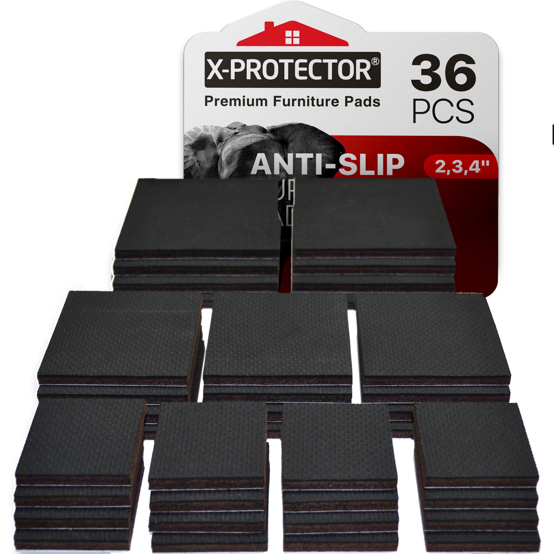 Non Slip Pads X-PROTECTOR Great Pack (36-Pack) 16 pcs 2" + 12 pcs 3" + 8 pcs 4" Furniture Pads! Best Furniture Grippers - Rubber Feet - Floor Protectors - Non Skid Pads for Keep in Place Furniture
