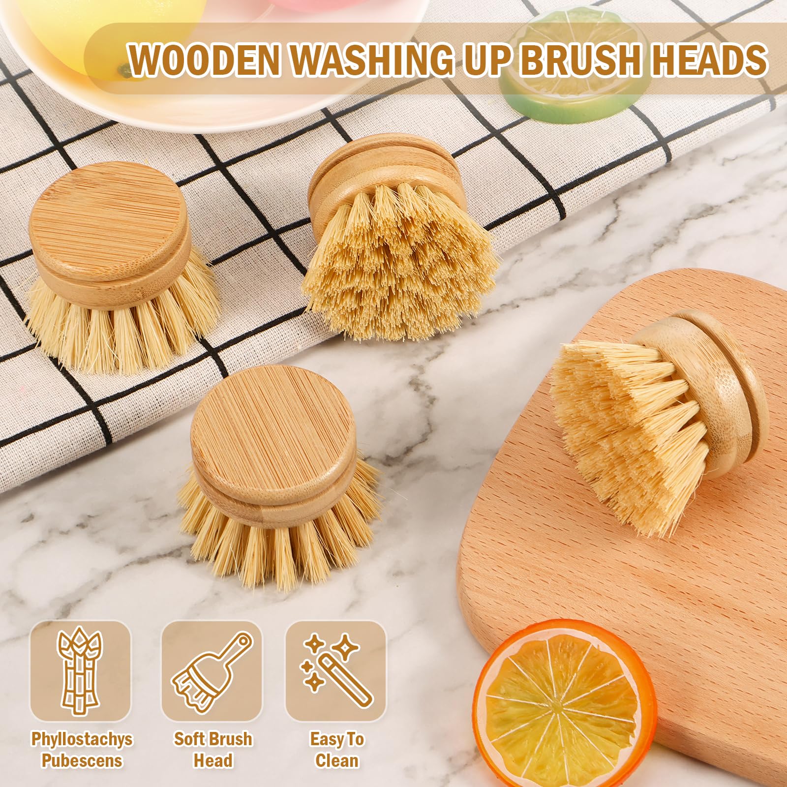 Bamboo Dish Brush, 6 Replacement Heads, Natural Washing Up Brushes Heads, Dish Scrub Brush Replacement Brush Refill, Soft Sisal Bristle Dish Scrubber, Brush for Kitchen Cleaning Pots Pans