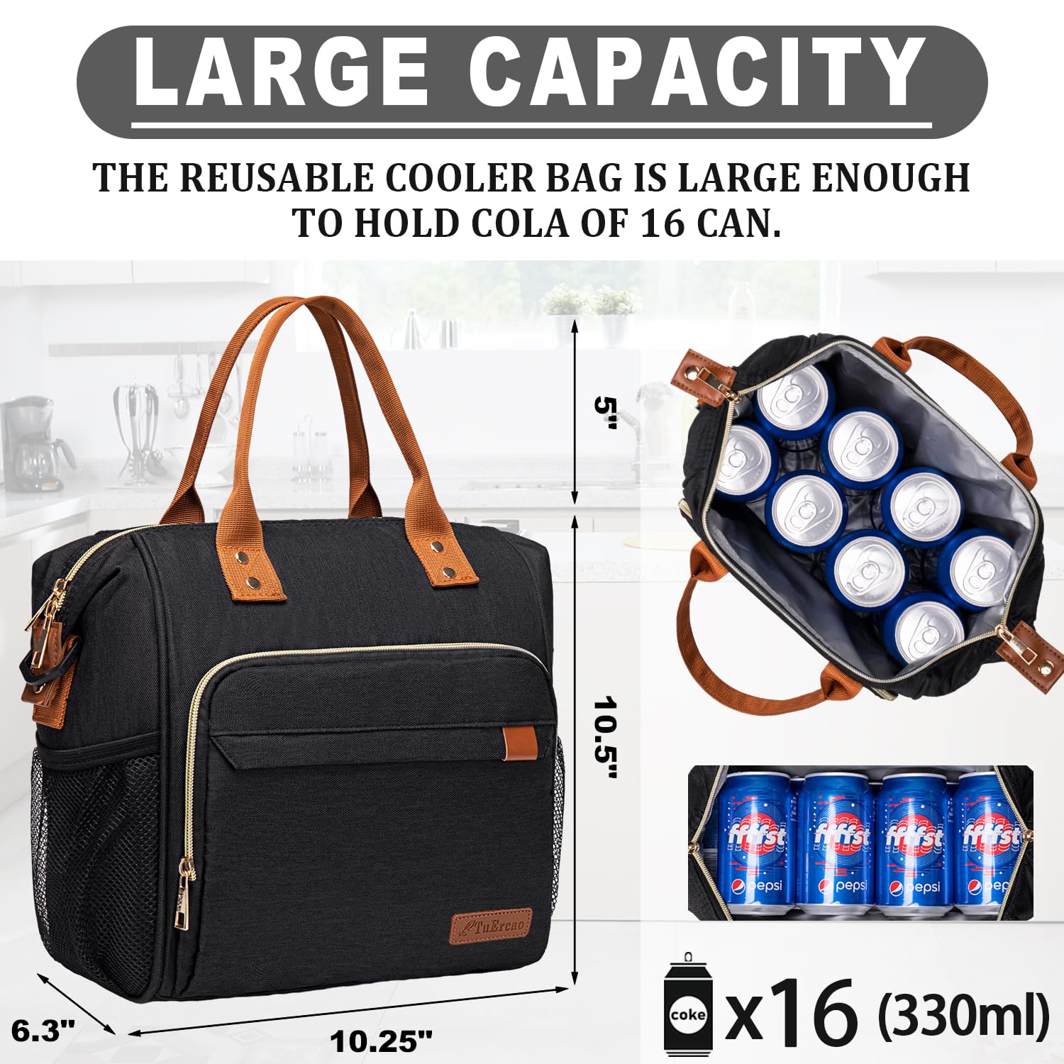 TuErcao Lunch Bags for Women- Boite a Lunch Reusable Adult Sac a Lunch, Black