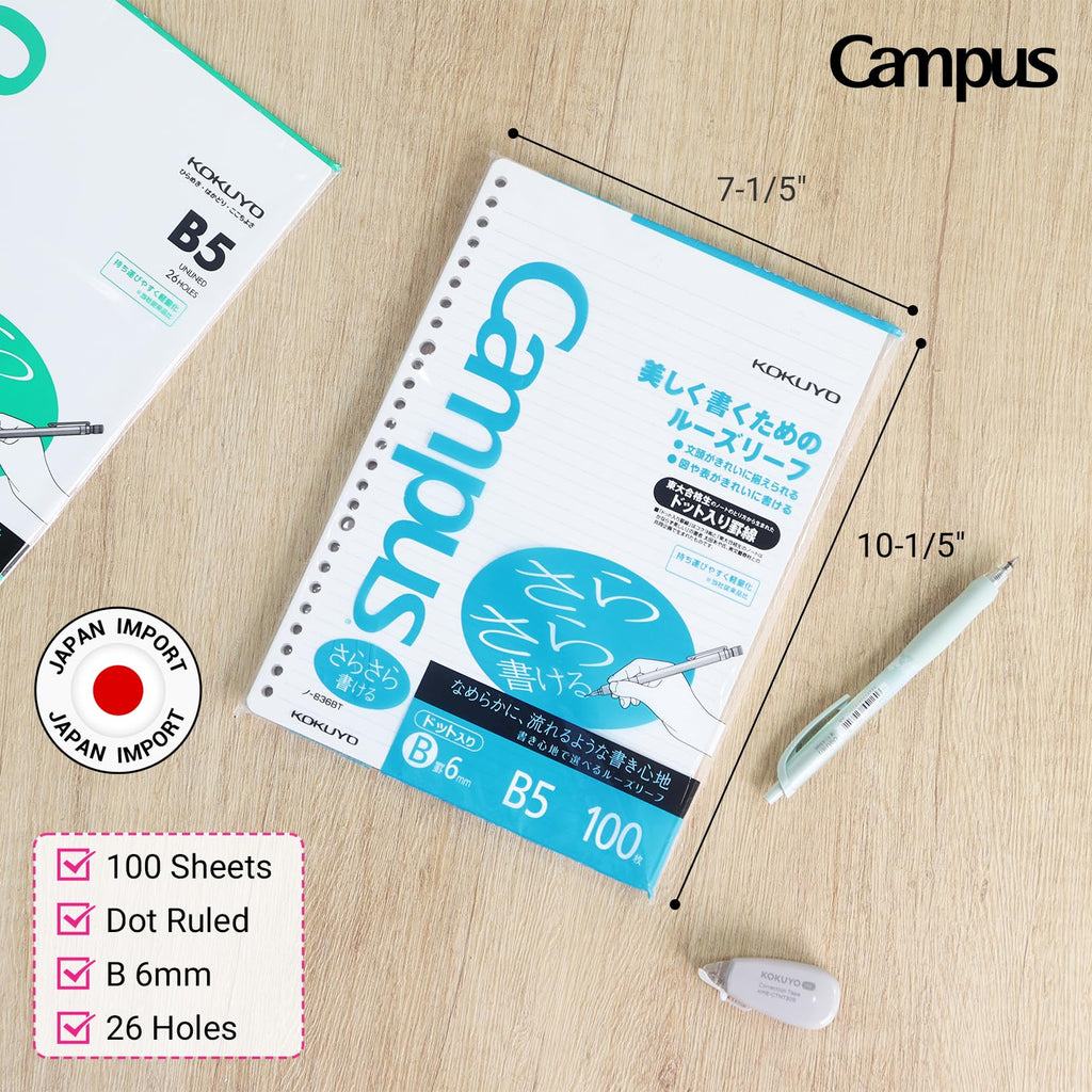 Kokuyo Campus Loose Leaf Paper for Binders, Sarasara Smooth Writing, B5, B 6mm Dotted Ruled, 26 Holes, 36 Lines, 100 Sheets, pH Neutral, Bleed Resistant, 75gsm, Pack of 3, Japan Import (NO-836BTN)
