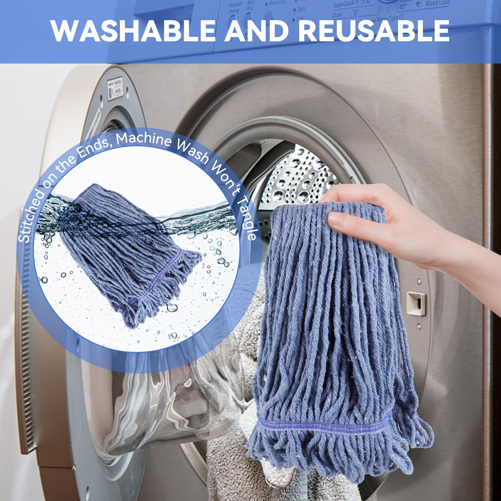 Commercial Mop Heads Replacement: 16 OZ Heavy Duty Mops Head for Floor Cleaning - Wet Industrial Cotton Looped End String Cleaning Mop Head Refill for Rubbermaid Commercial Products,Blue,6 Pack
