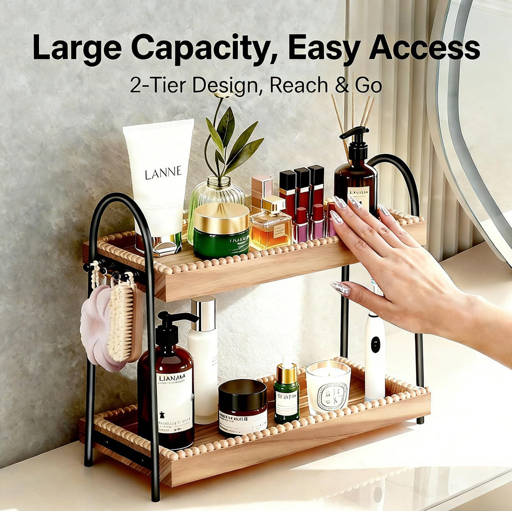 Perfume Organizer & Makeup Stand 2-Tier with 8 Hooks - Large Bathroom Counter Shelf for Vanity Storage, Skincare Display & Cologne Dresser Beauty Holder |Washroom Paulownia Wood Tray (44x18.5x32cm)