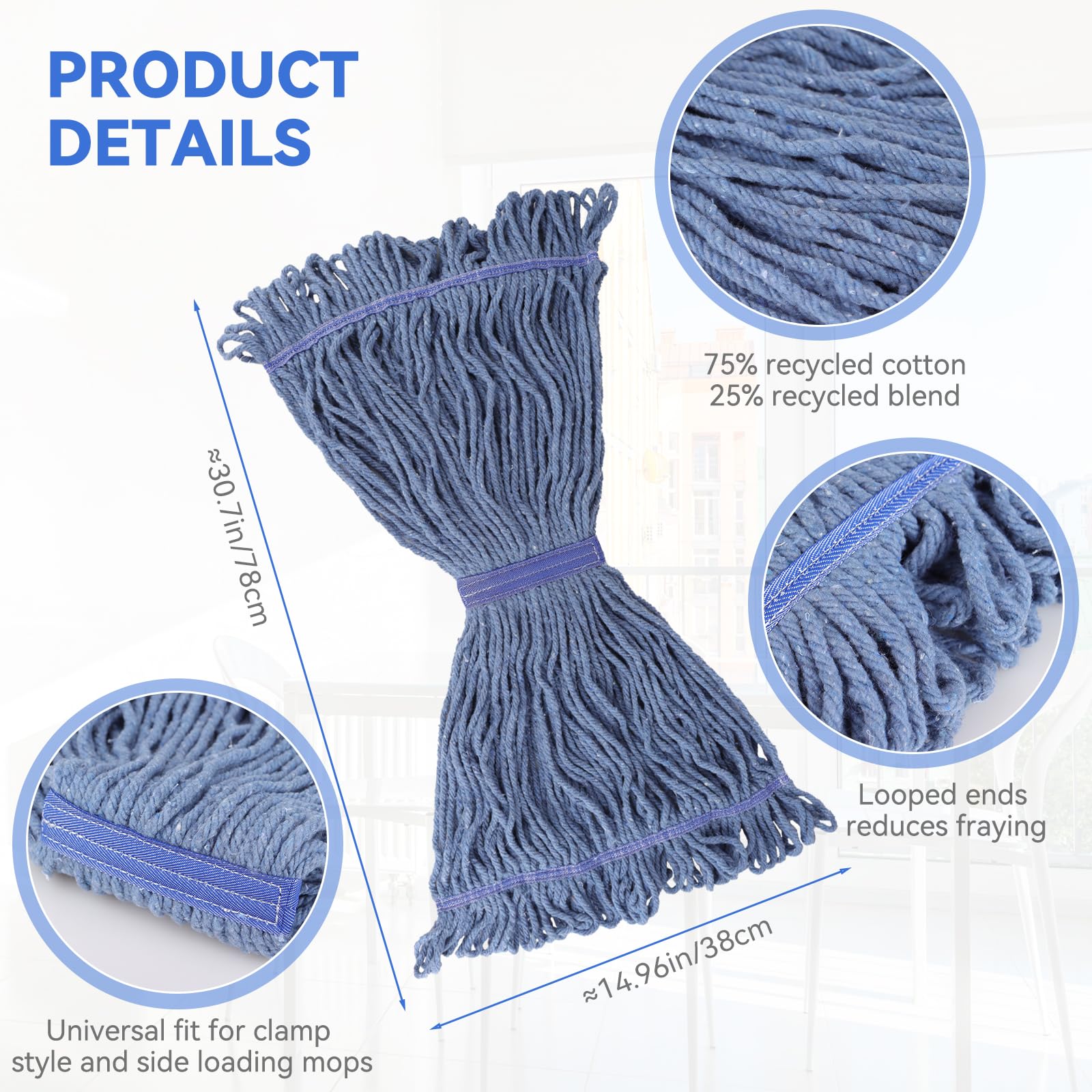 Commercial Mop Heads Replacement: 16 OZ Heavy Duty Mops Head for Floor Cleaning - Wet Industrial Cotton Looped End String Cleaning Mop Head Refill for Rubbermaid Commercial Products,Blue,6 Pack