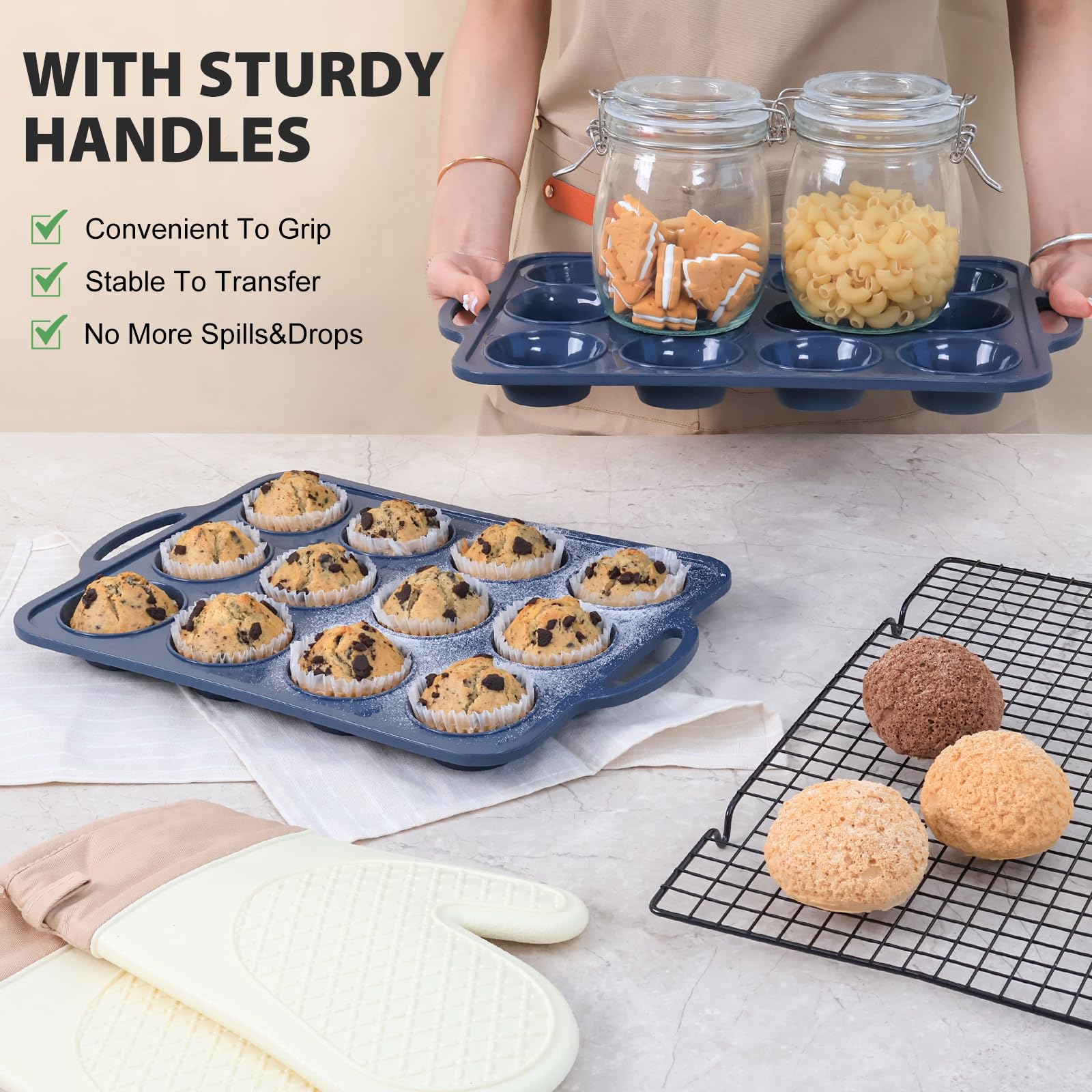 2 Pack Silicone Muffin Pan with Metal Frame, Non Stick Silicone Cupcake Pan with Handles Regular 12 Cup, BPA Free Silicon Muffin Tin Tray for Baking, Egg Bites, Cupcake Mold Grey