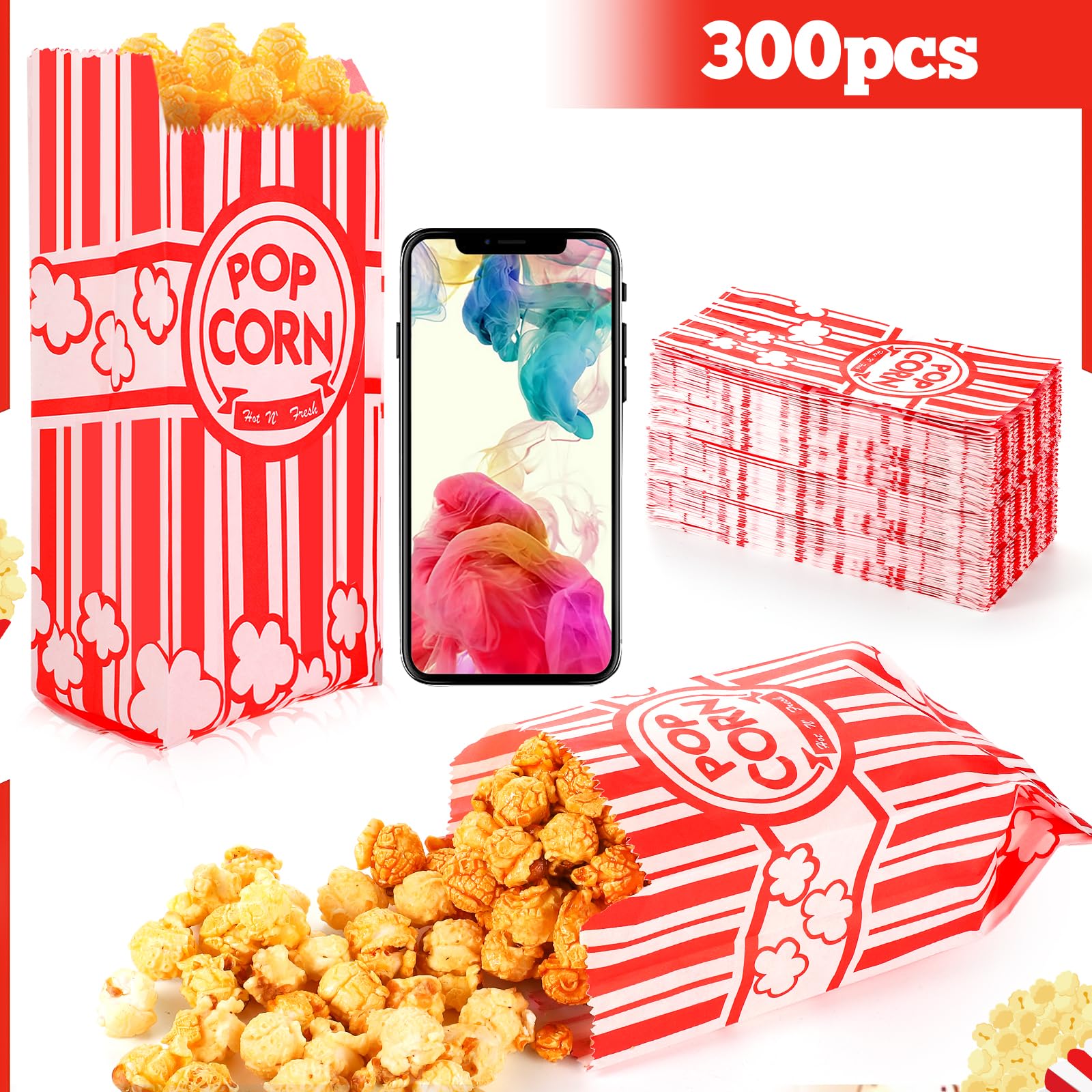 300 Pcs Popcorn Bags, 1 Oz Paper Bags Individual Servings Bulk for Popcorn Machine Movie Nights Easter Valentines Day Kitchen Supplies