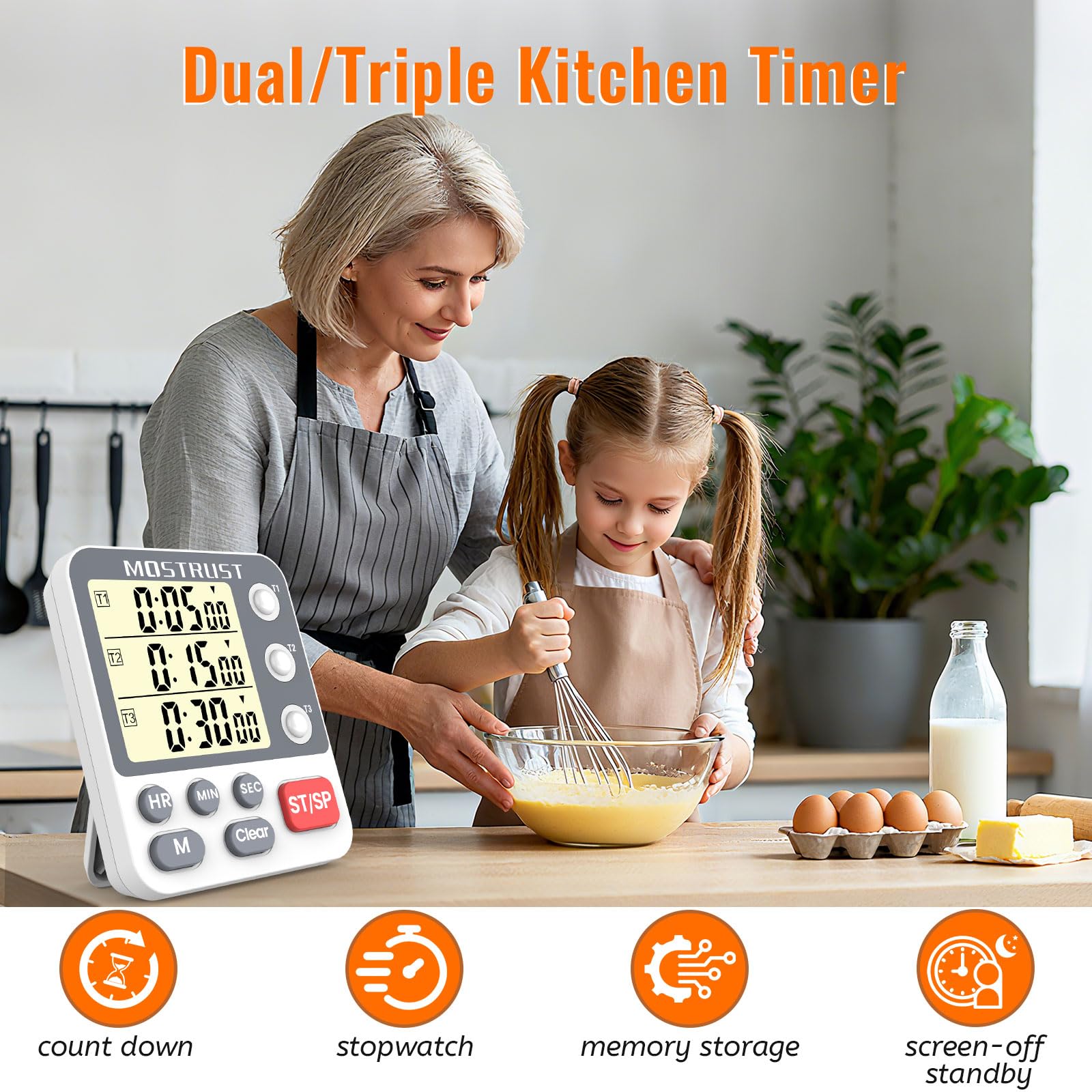 MOSTRUST Digital Dual Kitchen Timer, 3 Channels Count UP/Down Timer, Cooking Timer, Large Display Triple Timer, Loud Volume Alarm and Flashing Light with Magnetic Back, Stand, Battery Included (M318)