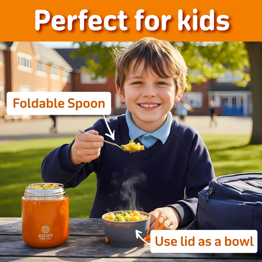 Insulated Food Flask - 530ml Stainless Steel Jar for Hot and Cold Meals – Double-Wall Insulation, Thermal Food Container for School, Office, Travel, Camping - Foldable Spoon, Bag - Orange - 24.7 oz…